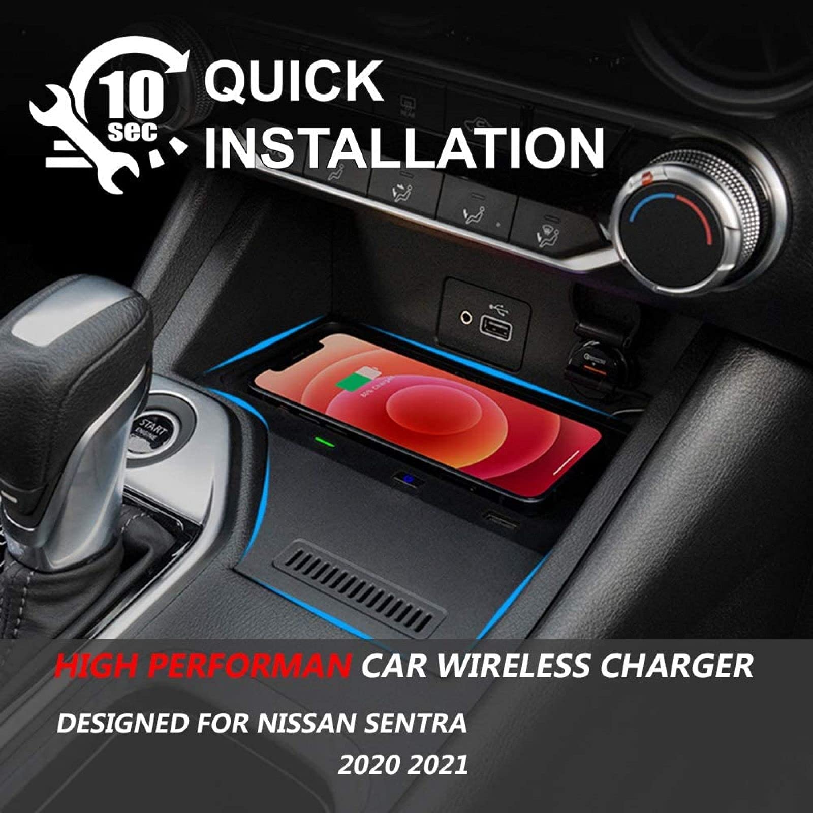 Caricabatteria da auto wireless per Nis-san Sentra B18 2020 2021 Accessori Tappetino di ricarica wireless per console centrale, caricabatterie per telefono a ricarica rapida da 10 W per donne Ragazze
