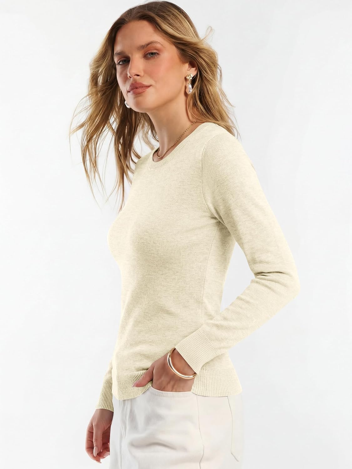 ANRABESS Women’s Long Sleeve Lightweight Fitted Sweaters Top | Wool Blend Soft Knit，Slim Crewneck Pullover,Classic Basic Shirts，Business Casual Outfits Work ，Fall Spring Transition Clothes