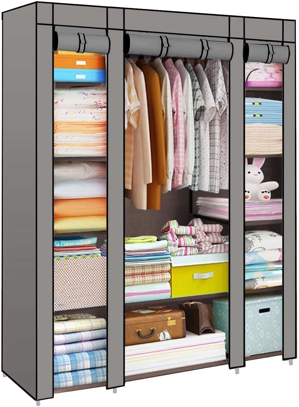 M.J COMFY-LIFE Fabric Wardrobe for Bedroom, Large Canvas Clothes Storage Organizer with Hanging Rail & 6 Shelves - 126x43x165cm, Dustproof Portable Closet for Bedroom, Living Room & Dorm (grey)