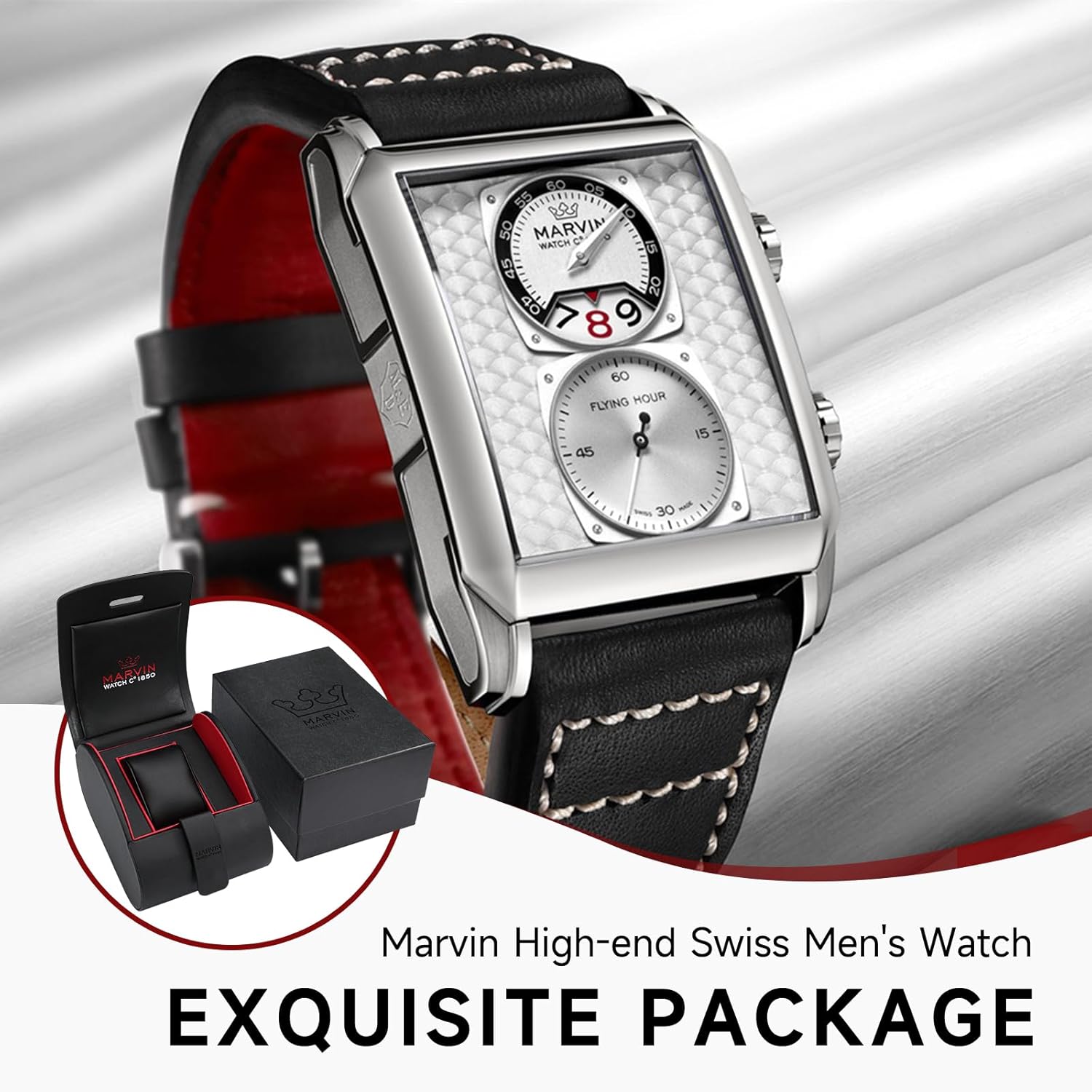 marvin Watches for Men Swiss Mens Watch in Stainless Steel with Leather Strap and Rectangular Sapphire Glass Dial, Quartz Movement, 50M Waterproof - Image 6