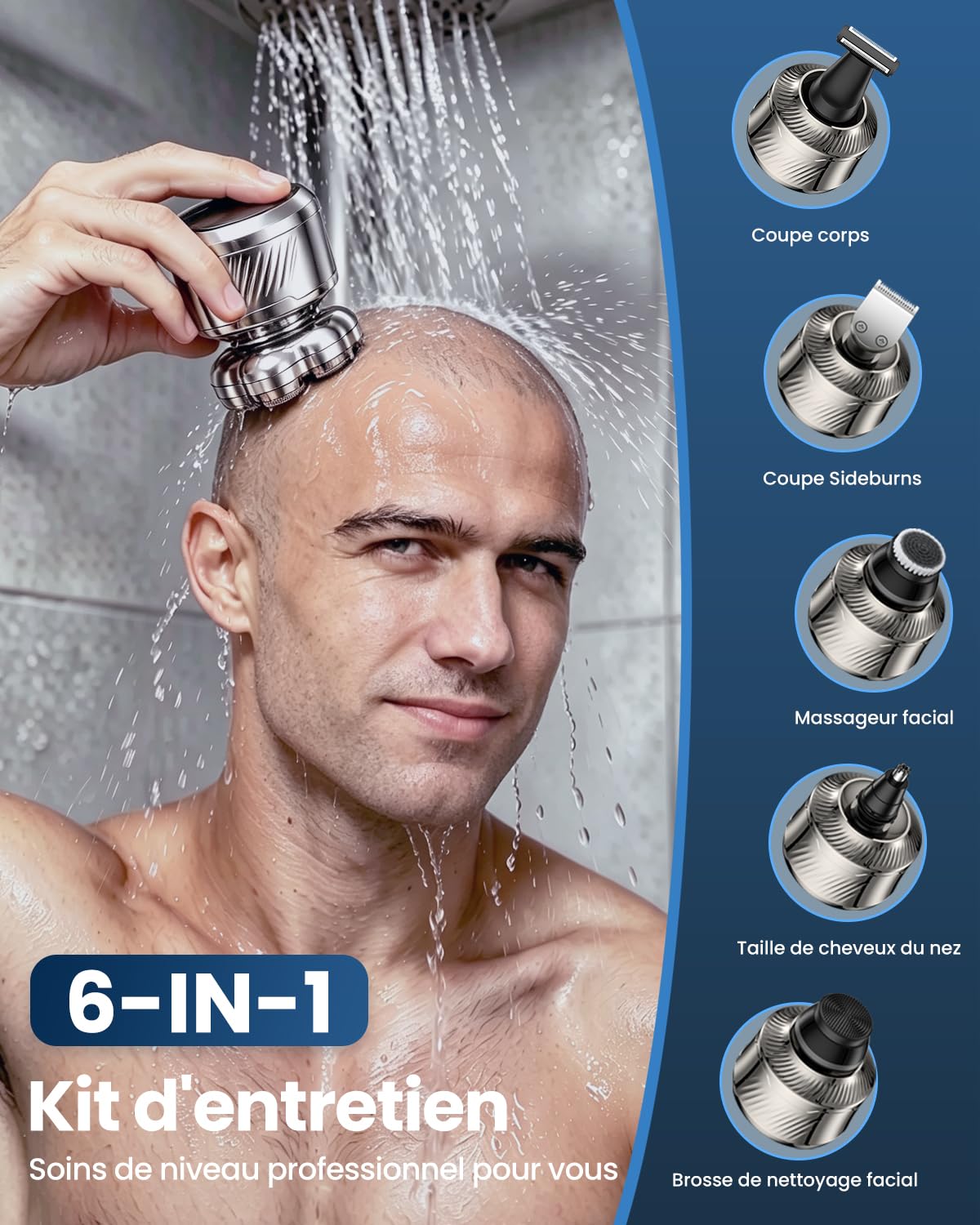 Rasoir Crâne Homme 7D, Rasoir Électrique 6 en 1 avec Têtes Flottantes, Tête Magnétique Amovible, Rasage Humide et Sec, Écran LED, Charge USB-C, Tondeuse Nez, Tondeuse Cheveux et Corps