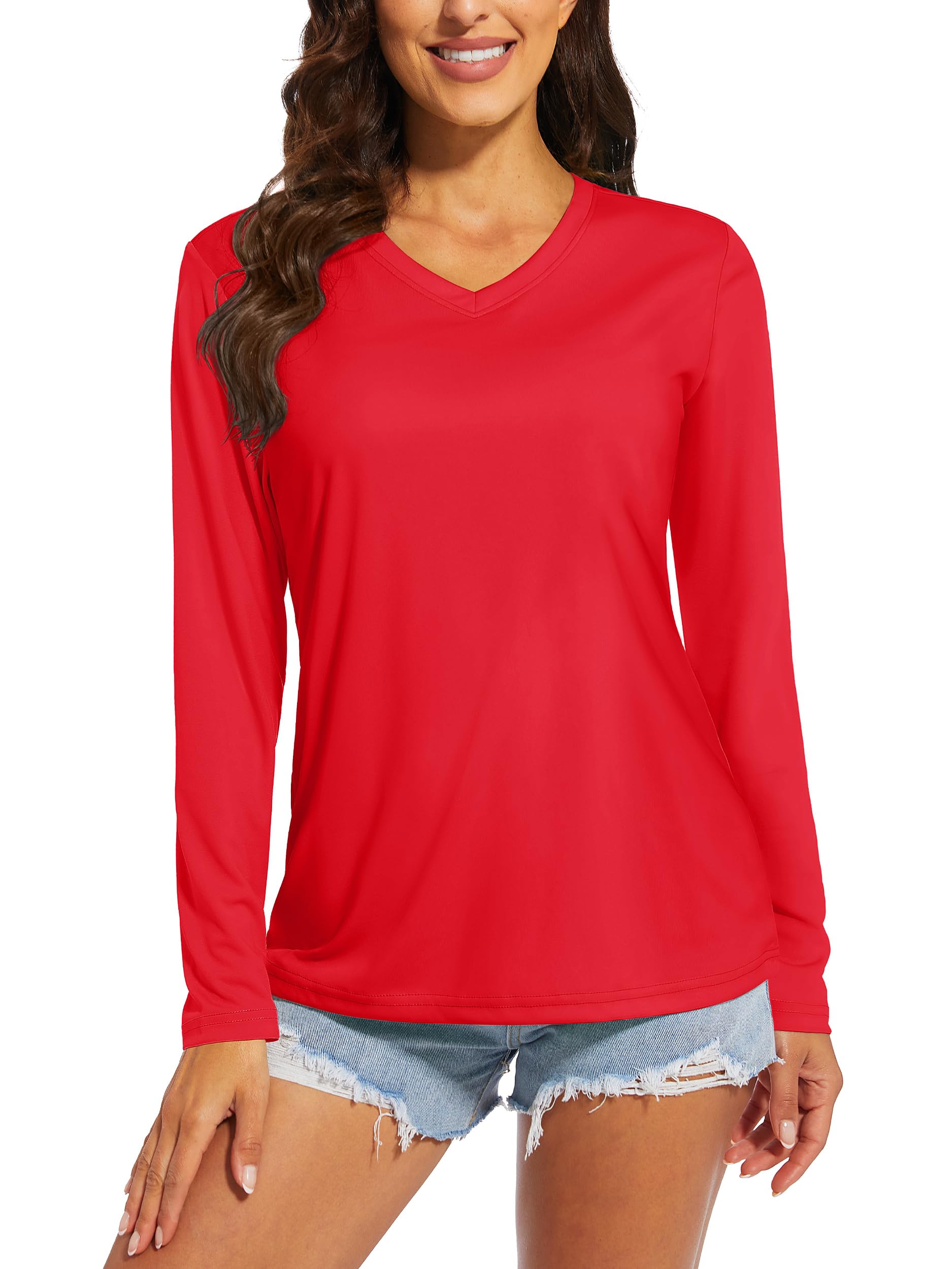 MAGCOMSENWomen's UPF 50+ Long Sleeve Shirts V-Neck Sun Protection Shirt Hiking Outdoor Performance Tee Running Workout