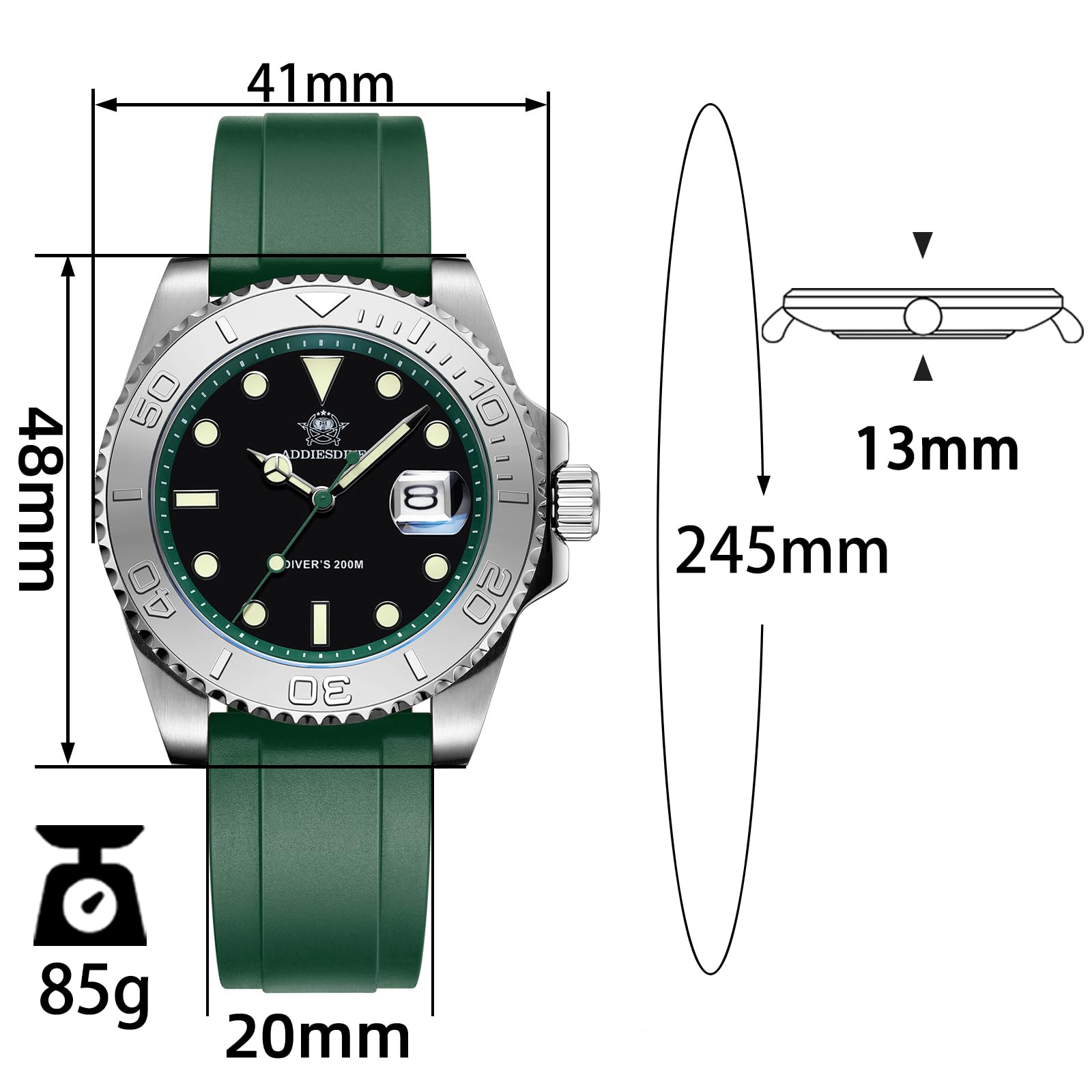 ADDIESDIVE Orologio da uomo analogico al quarzo, 41 mm, BGM9, luminoso, impermeabile fino a 200 m, lunetta girevole, quadrante facile da leggere, con cinturino in gomma morbida e traspirante, AD2040