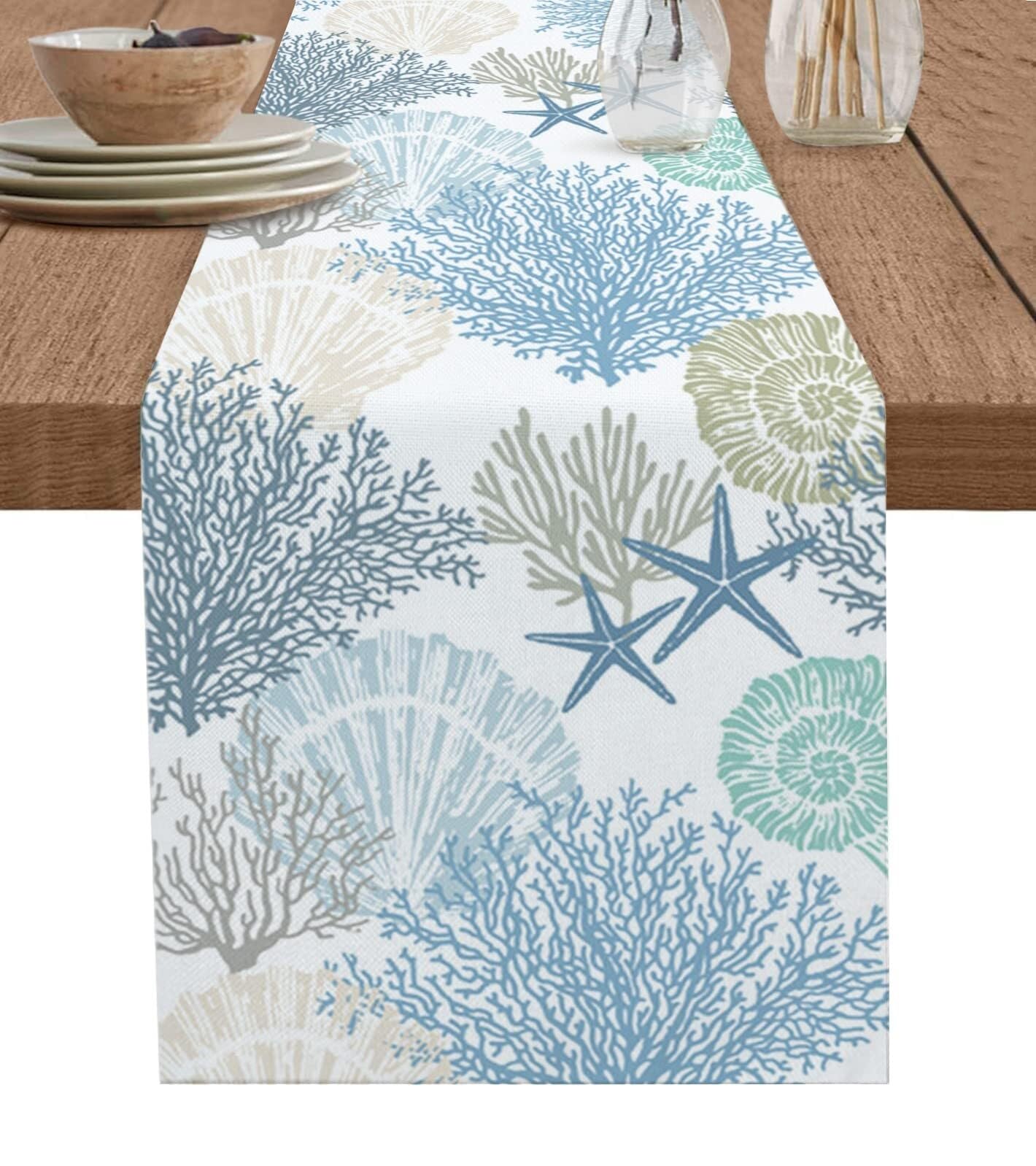 Chemin de Table en Coton et Lin Bleu Corail 13"x60" - Parfait for Une décoration sur Le thème de la Plage en été(Texturelif8331,13x90 inch)
