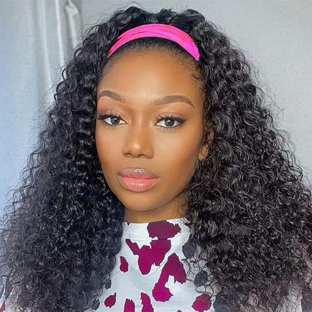 Unvizossa Deep Wave Headband Wig Human Hair Curly Headband Human Hair Wig for Black Women Wear and Go Glueless Wig for Beginners Deep Curly None Lace