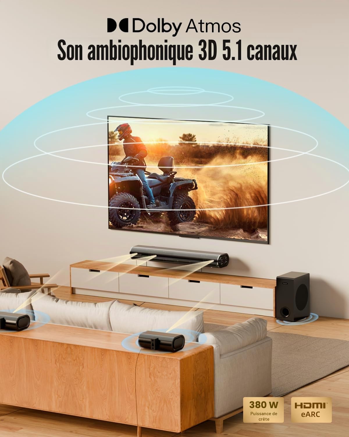 Hiwill Barre de son Dolby Atmos 5.1 CH pour Smart TV, barre de son de petite pièce avec 2 haut-parleurs arrière filaires, système de son surround Surround, caisson de basses filaire de 13,25 cm, HDMI