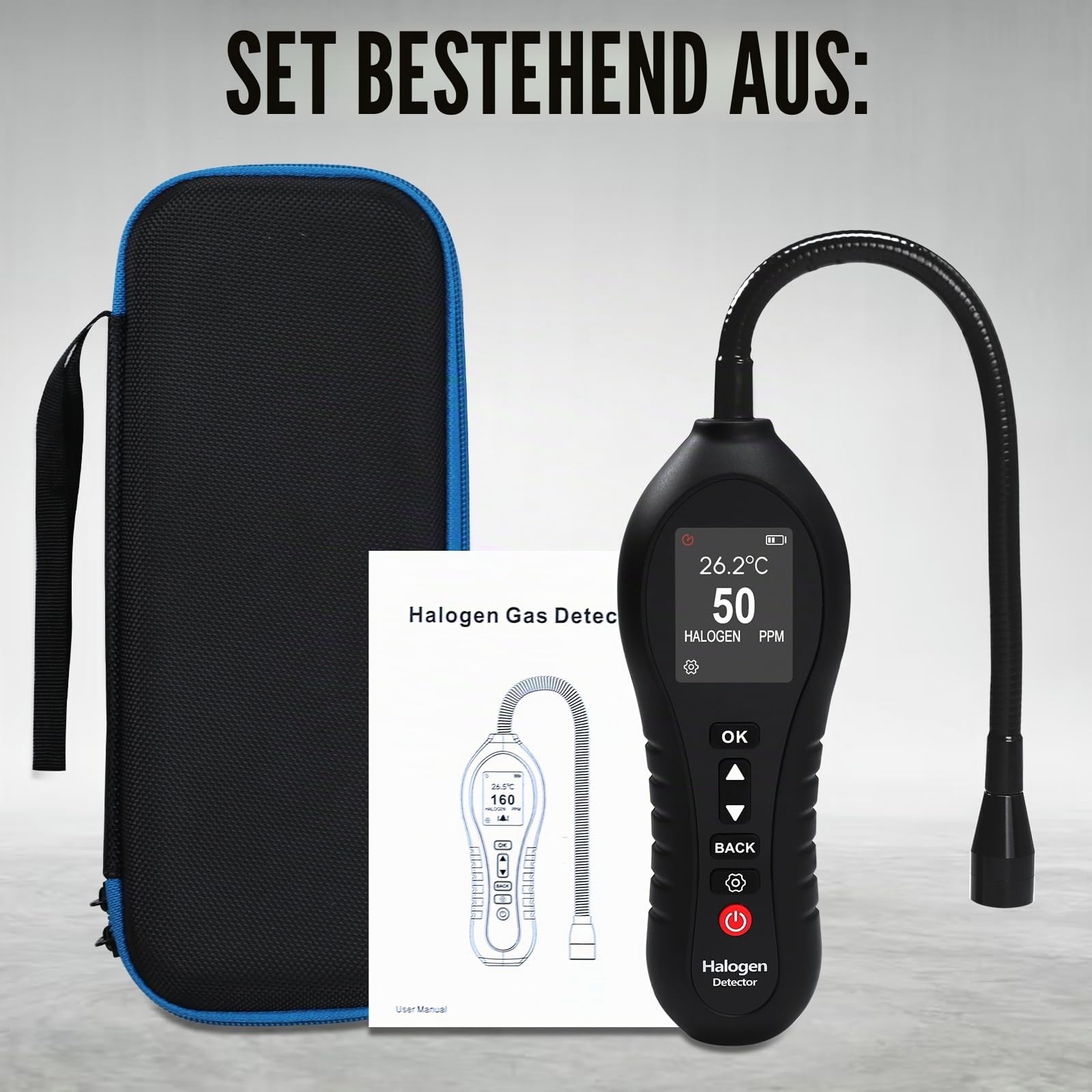 HVAC Kältemittel-Leckdetektor Freon Sniffer Leckdetektor mit 25,4 cm flexibler Sonde, 0–1000 ppm Reichweite, farbiges Display, für Automobil- und Klimaanlagen (FCKW, HFCs, HFCs)