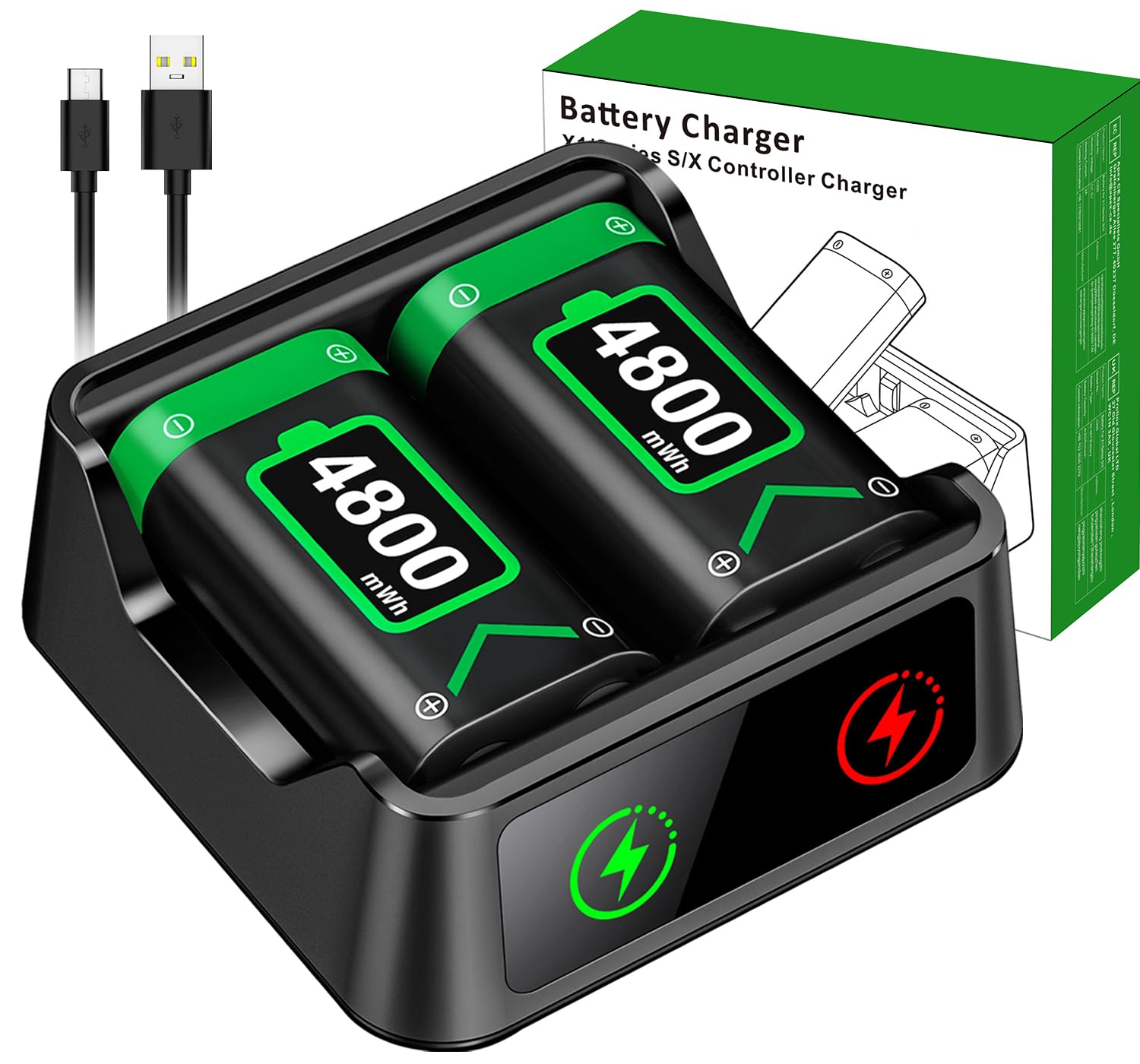 2X4800 mWh Bateria para Mando Xbox Series X, Bateria para Mando Xbox con Indicador LED/15 Horas de Tiempo de Reproducción, Batería para Mando Xbox Compatible con Xbox Series X/S, Xbox One S/X/Elite
