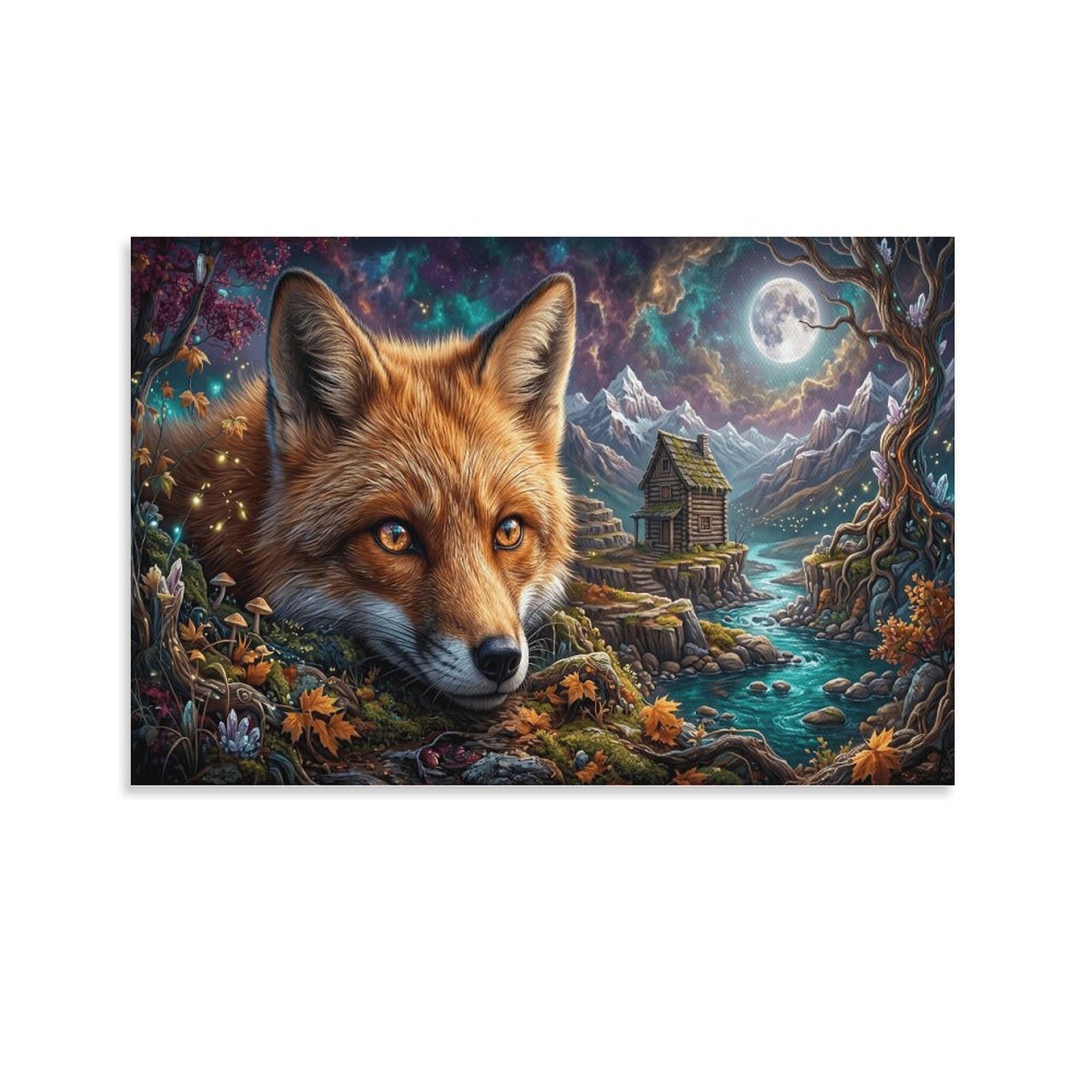 XPASHIQWC Red Fox Poster Artwork Full‑Moon Stream Giclee Canvas Prints Modern Wall Art Picture Wall Hanging for Office Gym Living Room Decor 12x18inch(30x45cm)