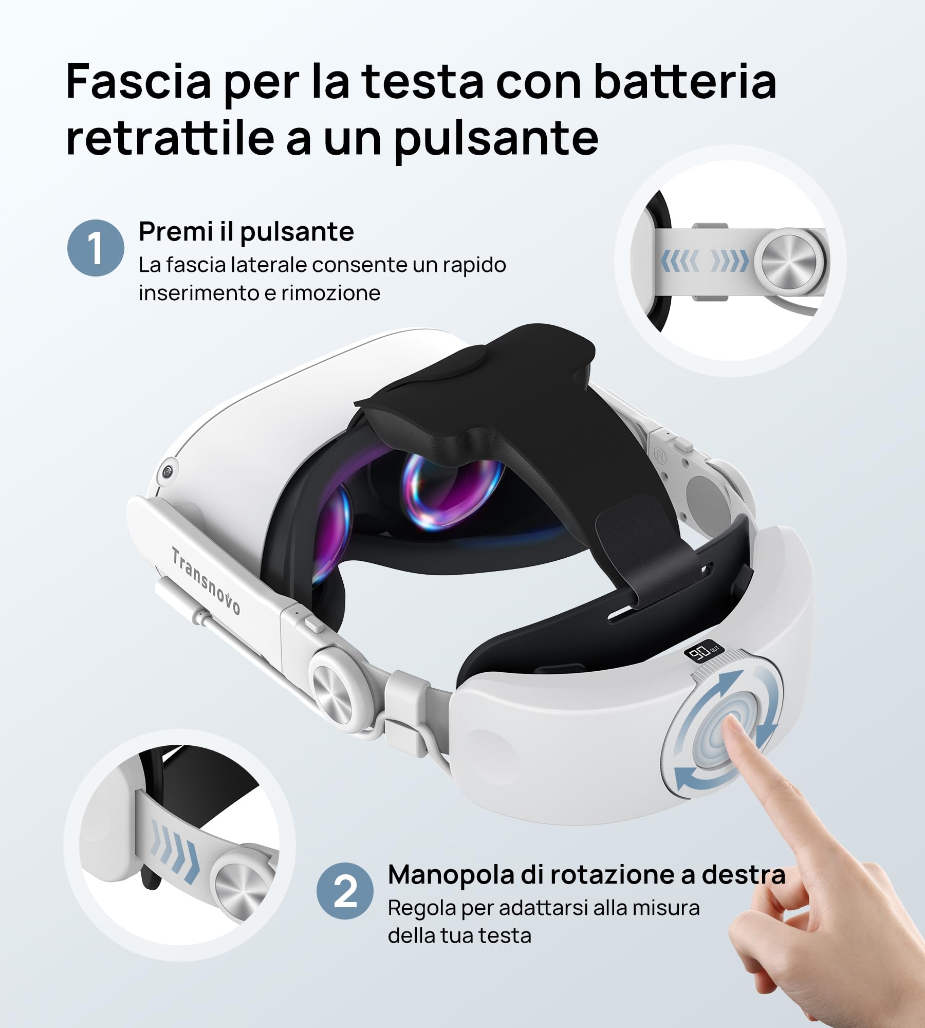 TRANSNOVO Cinturino Elite con Batteria da 6000mAh Compatibile con Oculus Quest 2/Quest 3/Quest 3S, Cinturino Retrattile a Un Solo Pulsante, Comfort Migliorato e Durata di Gioco Prolungata