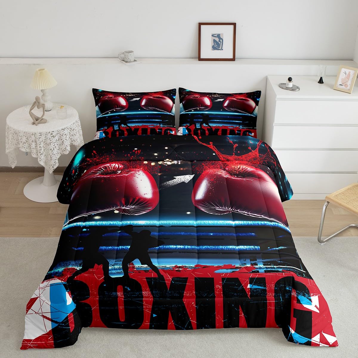 Erosebridal Teens Boxing Comforter Set Twin Size, Sports Games Theme Bedding Set Boxing Gloves Duvet Insert Athlete Silhouette Pattern Quilt Set for