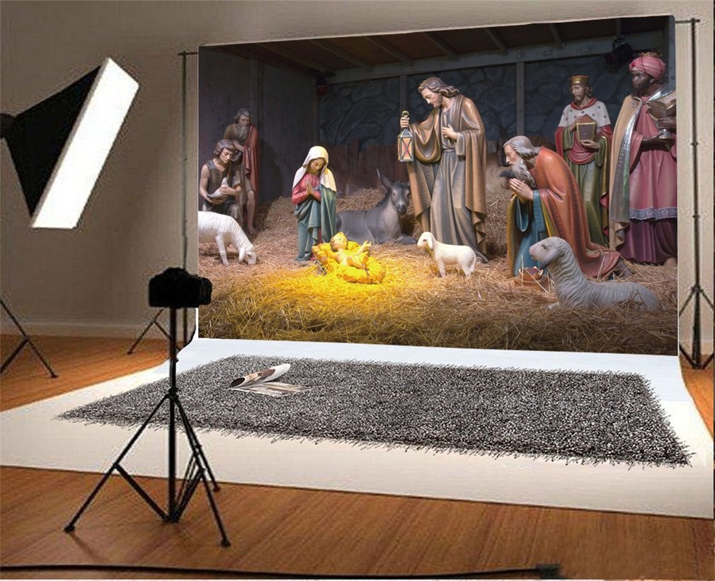 YongFoto 3x2m Photography Backdrop Birth of Jesus Shepherd Christmas White Sheep Straw Cow Culture Historic Wallpaper Photo Background Backdrops Photography Video Party Wedding Photo Studio Props
