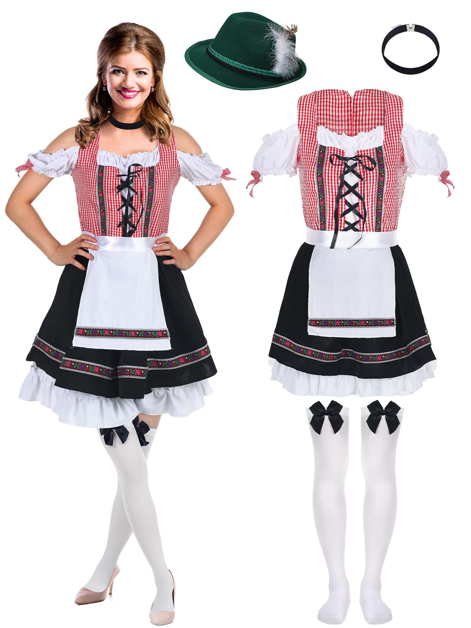 Jeyiour 4 Pcs Oktoberfest Costumes Women Dirndl Dresses Carnival Costumes for Women Hat Collar Stockings for Halloween