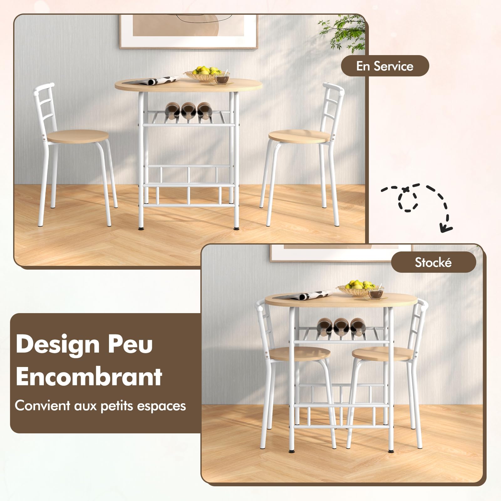 COSTWAY Table de Cuisine avec Chaise pour 2 Personnes, Table Cuisine Petit Espace avec Porte-Bouteilles, Table à Manger Ronde Cadre en Métal pour Bistro, Jardin, Balcon (Naturel)