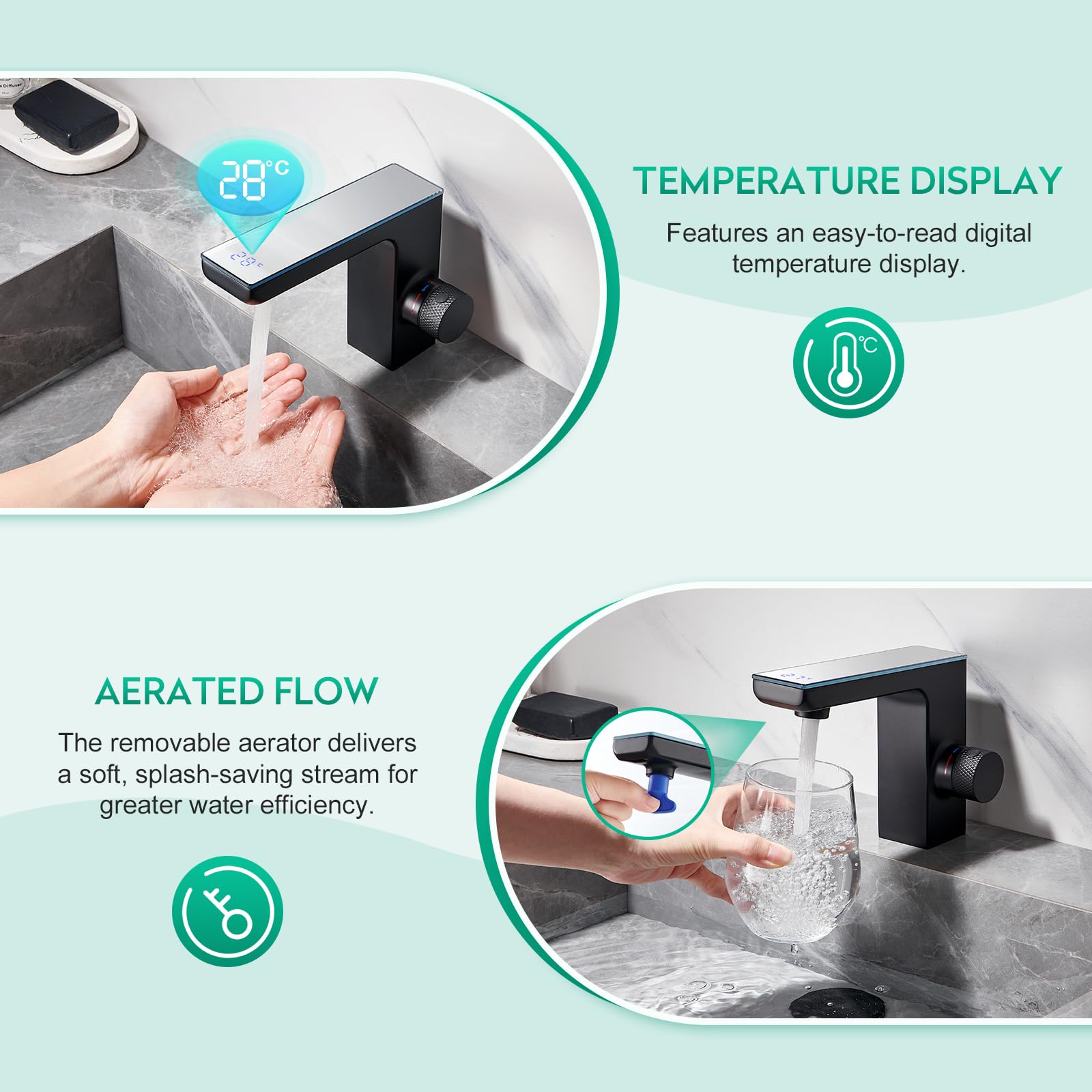 CREA Grifo Baño con Sensor Automático,Rifo de Lavabo sin Contacto, Negro | Grifo Lavabo con Sensor Infrarrojo con Pantalla Digital,Mezclador Automático de Agua Fría y Caliente