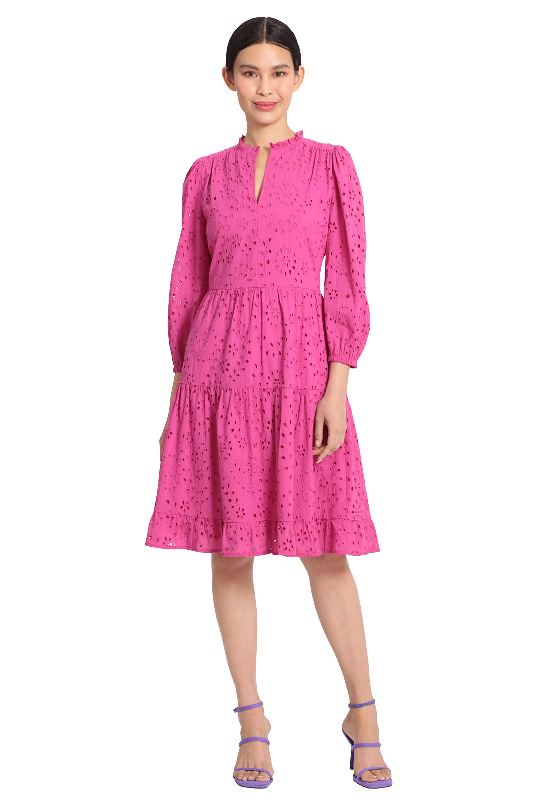 Maggy LondonWomen's Mini Ruffle Mock Neck Eyelet Dress with Tiered Skirt