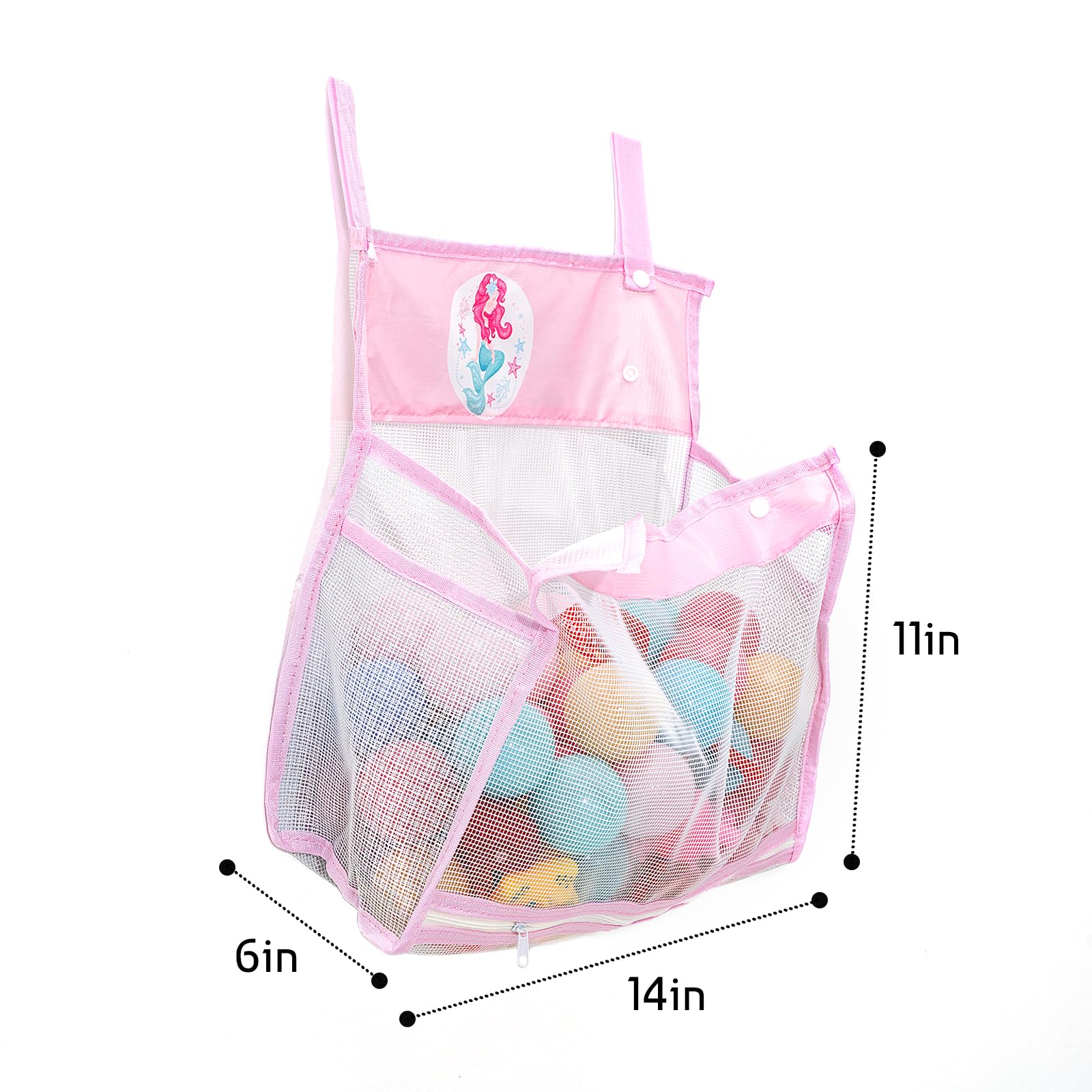 Gealaek Bath Toy Organizer Storage for Kids Mesh Bath Toy Holder with Large Capacity Multiple Hanging Options & Bottom Zipper for Easy Access (Pink Mermaid)