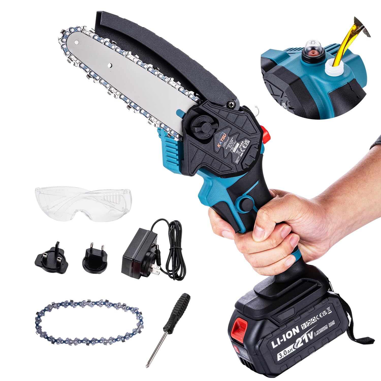 KATSU FIT-BAT 21V Cordless Chainsaw 6 Inch with 3.0Ah Battery and Charger, Extra Chain and Manual Oil Pump, for Garden Tree Branches Pruning Wood Cutting
