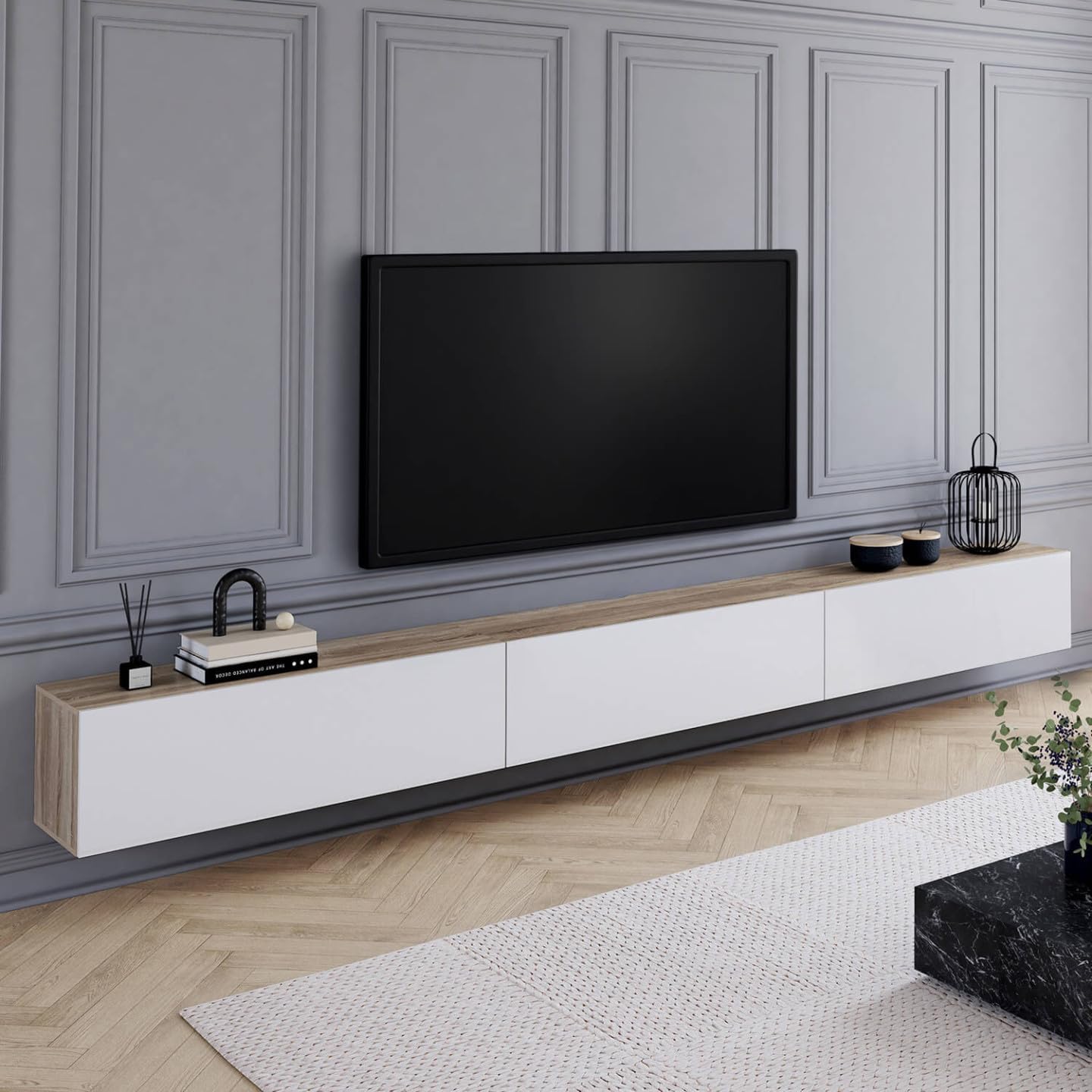IDMarket - Meuble TV 300 cm Suspendu Elio 3 Portes Bois et Blanc