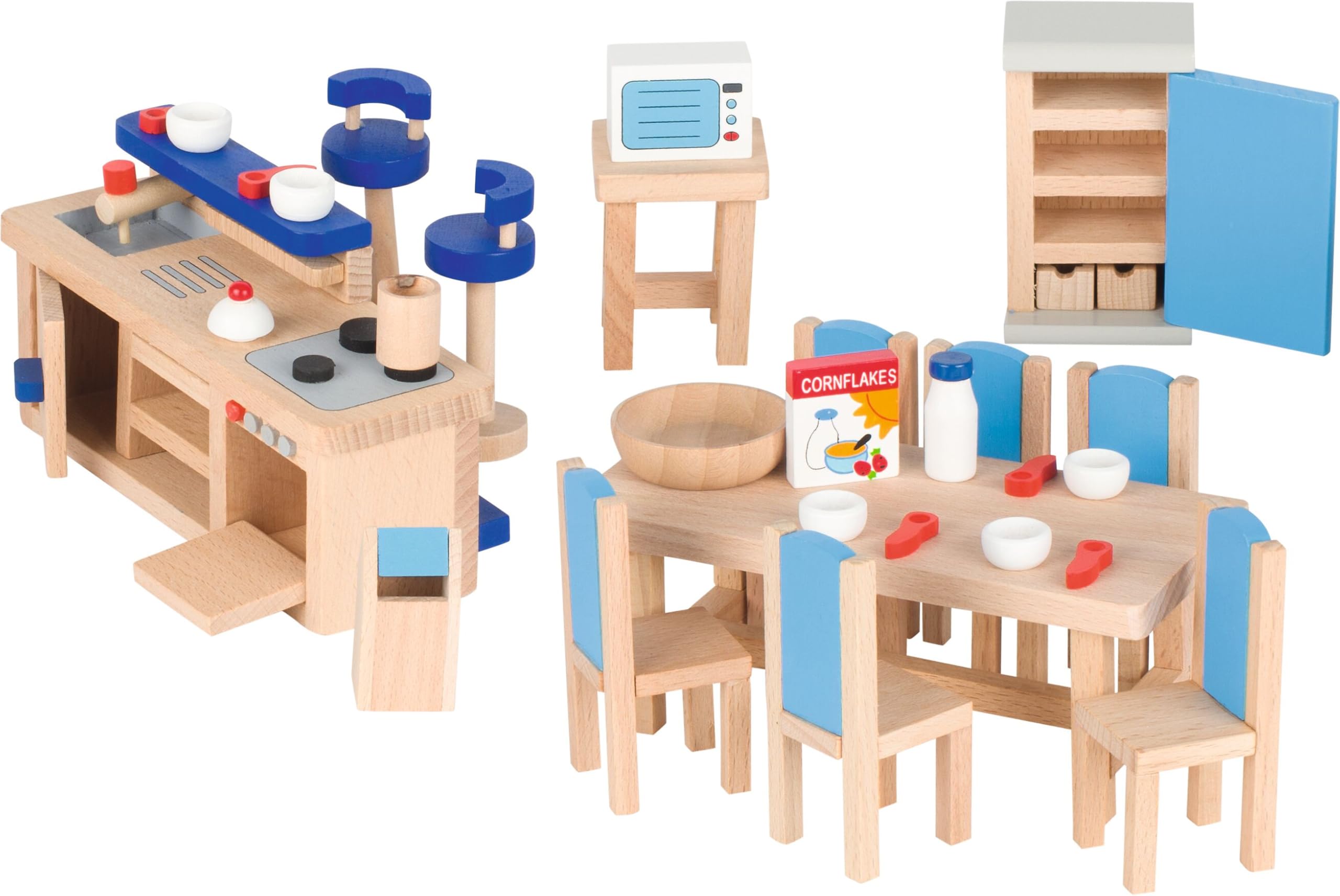 goki 6633 - Puppenhaus Set XXL, 115 Teile aus Holz & Textil, Komplettes Möbelset & Zubehör, Biegepuppenfamilie, Küche, Badezimmer, Schlafzimmer, Wohnzimmer, Haus mit Etagen 65 x 35 x 88cm, ab 3 Jahre