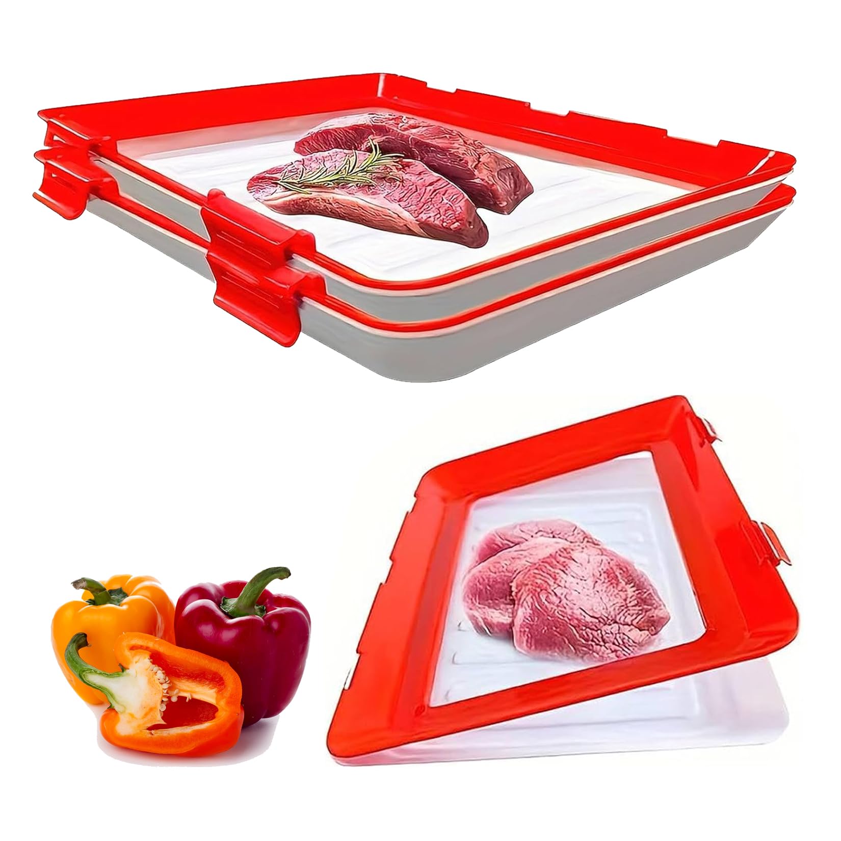 Vacuum Seal Food Storage Tray – Stackable Reusable Fresh Container with Buckle & Stretch Lid, BPA-Free Fridge Saver – 30×23cm, 1/2/3/4-Pack Options (Red 2-pack)