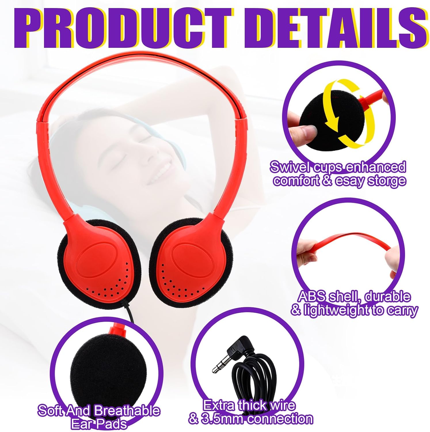 Yunsailing 30 Pack Over Ear Wired Headphones Bulk for School Classroom Student, Adjustable Headband with 3.5mm Jack, Lightweight Design Earphones for Classroom Learning and Testing (Multicolor)