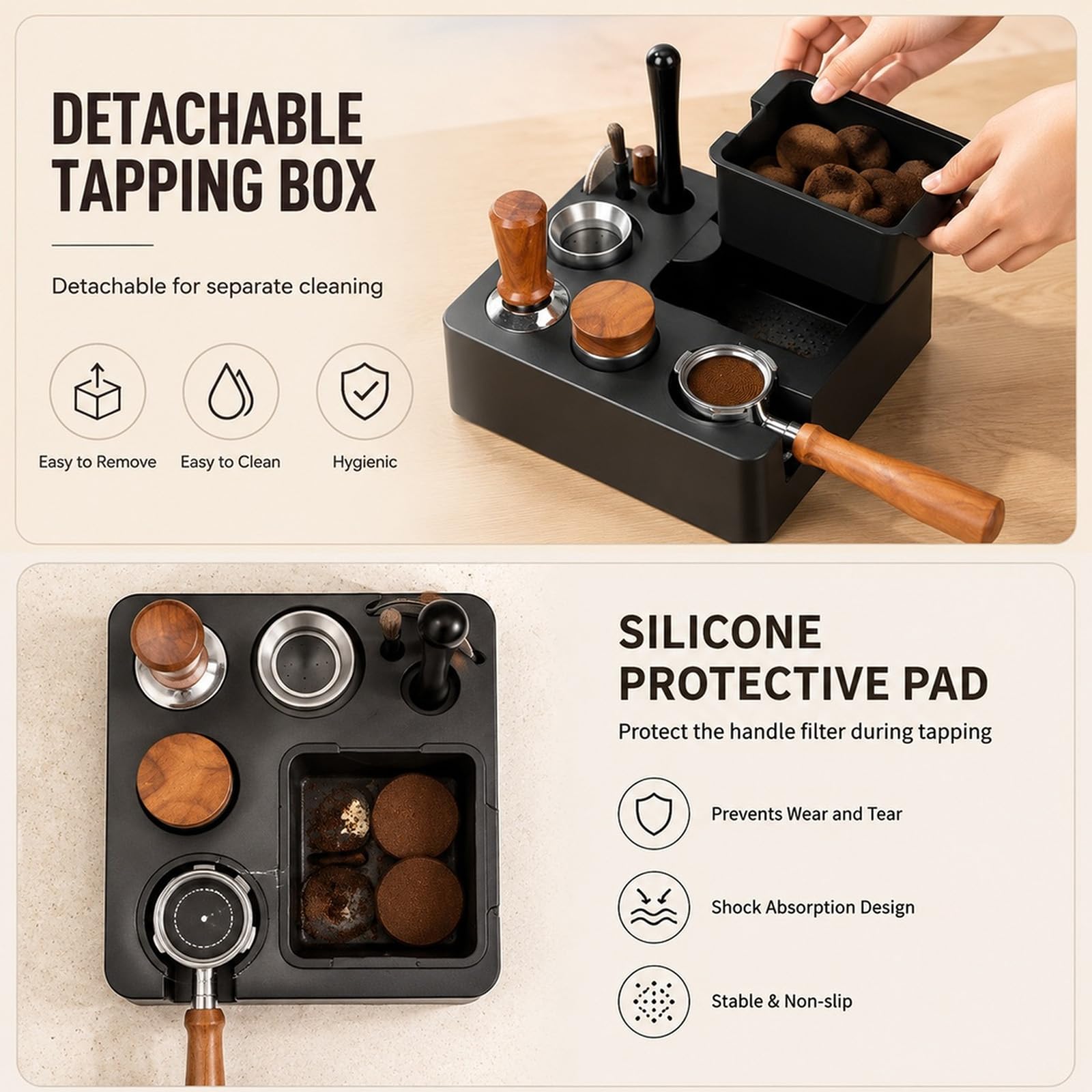 Estación de tampado para portafiltros de 51 – 58 mm, 4 en 1, con recipiente para posos de café, portafiltros y soporte para tamper (cuadrado)