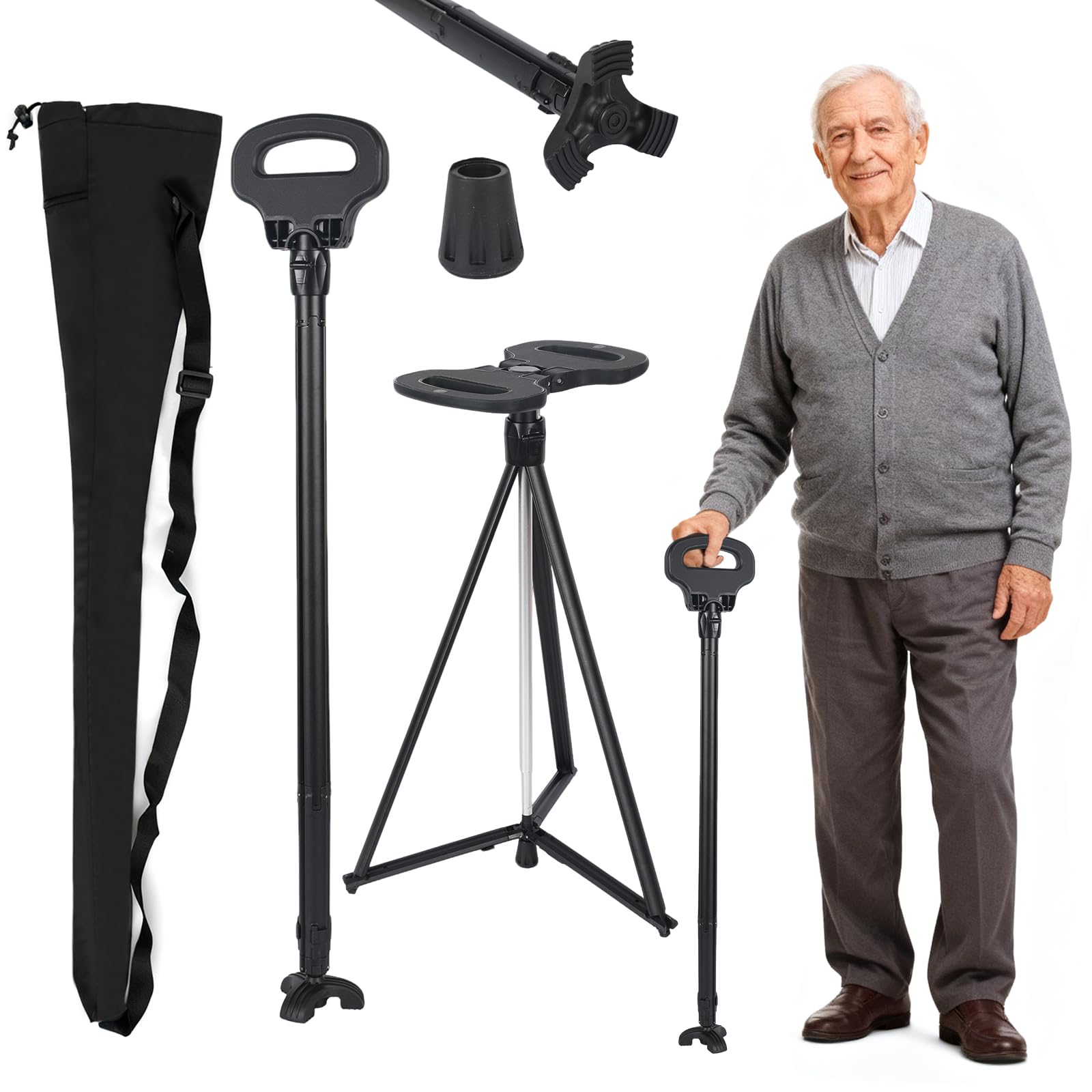 Bastón ajustable en altura con asiento, con bolsa de transporte, 150 kg, bastón retráctil ligero para acampar, senderismo, bastón ajustable de aluminio con asiento
