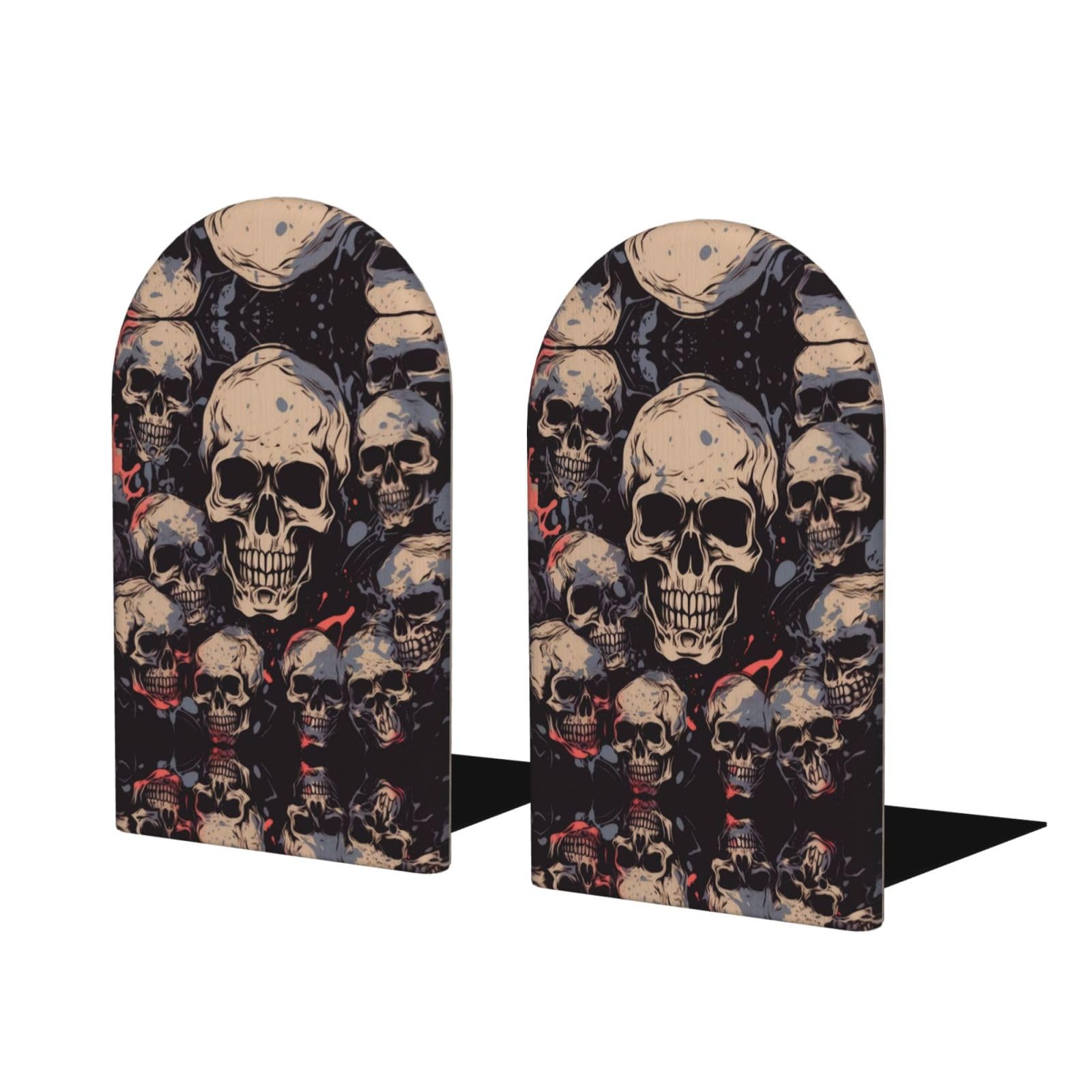 Cool Skull Graphics Stylish Bookends with Full-Print Design Durable Wooden and Metal Bookend Set for Home, Office