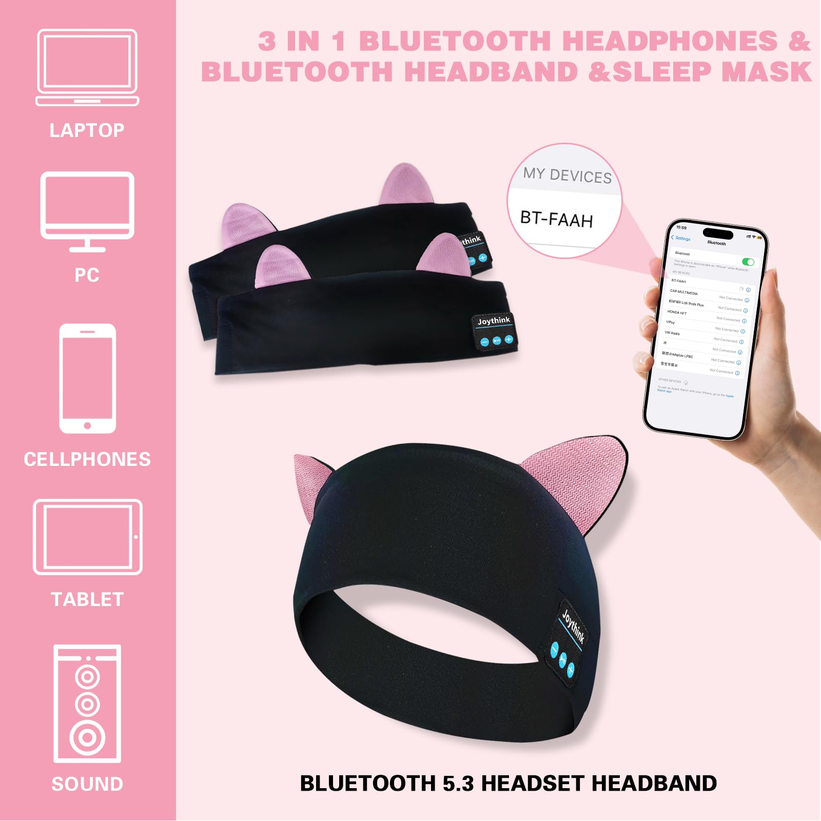 Joythink Diadema Bluetooth para niños, máscara para dormir, auriculares inalámbricos, altavoz delgado integrado, auriculares deportivos ajustables, diadema para dormir para niñas y niños, avión,