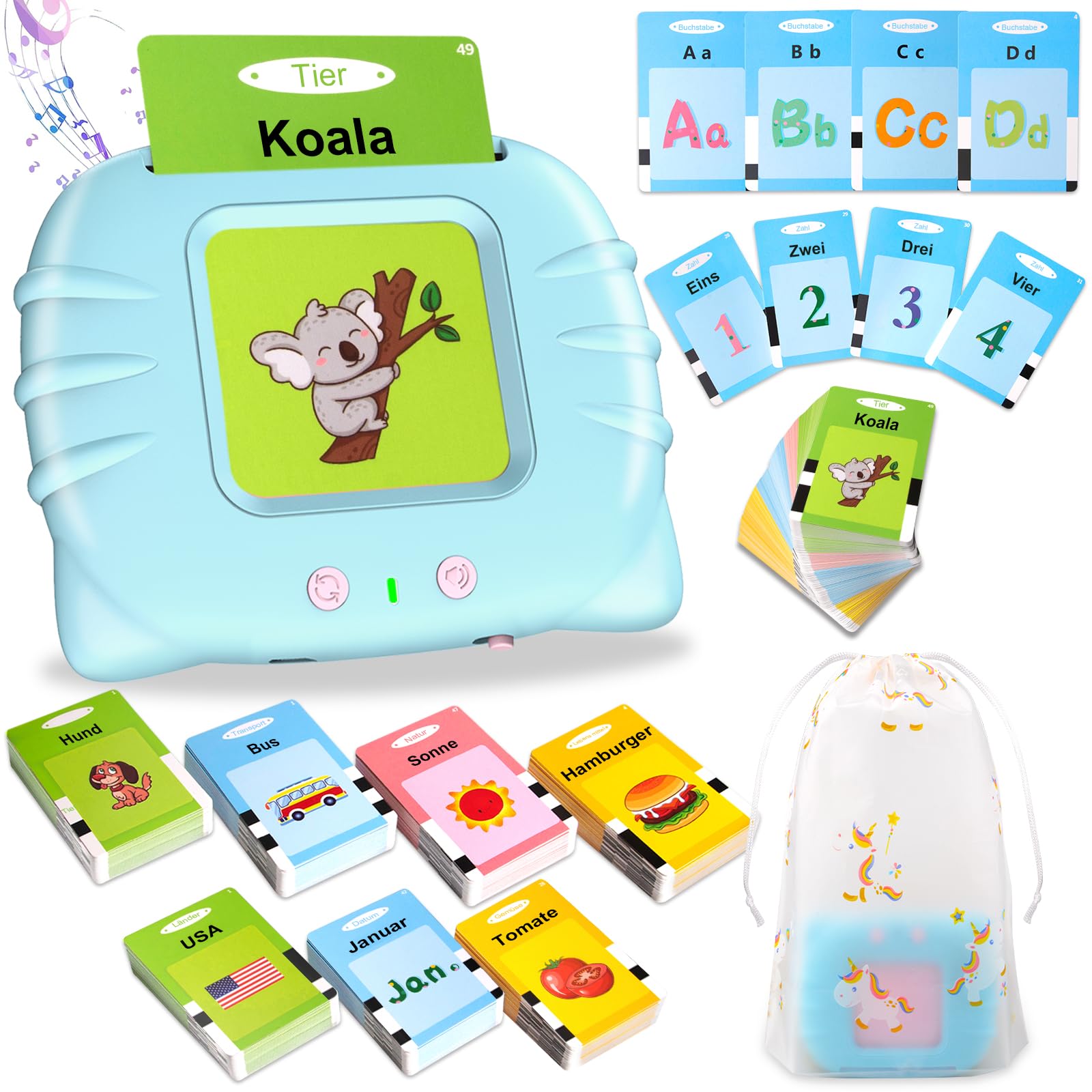 Sprechende Flash-Karten, Standard Deutsch-194 Blätter 388 Wörter, Sprechende Flash Karten Lernspielzeug für Kleinkinder 2-4 Jahre Alt, Interaktive Spielzeug für Jungen Mädchen
