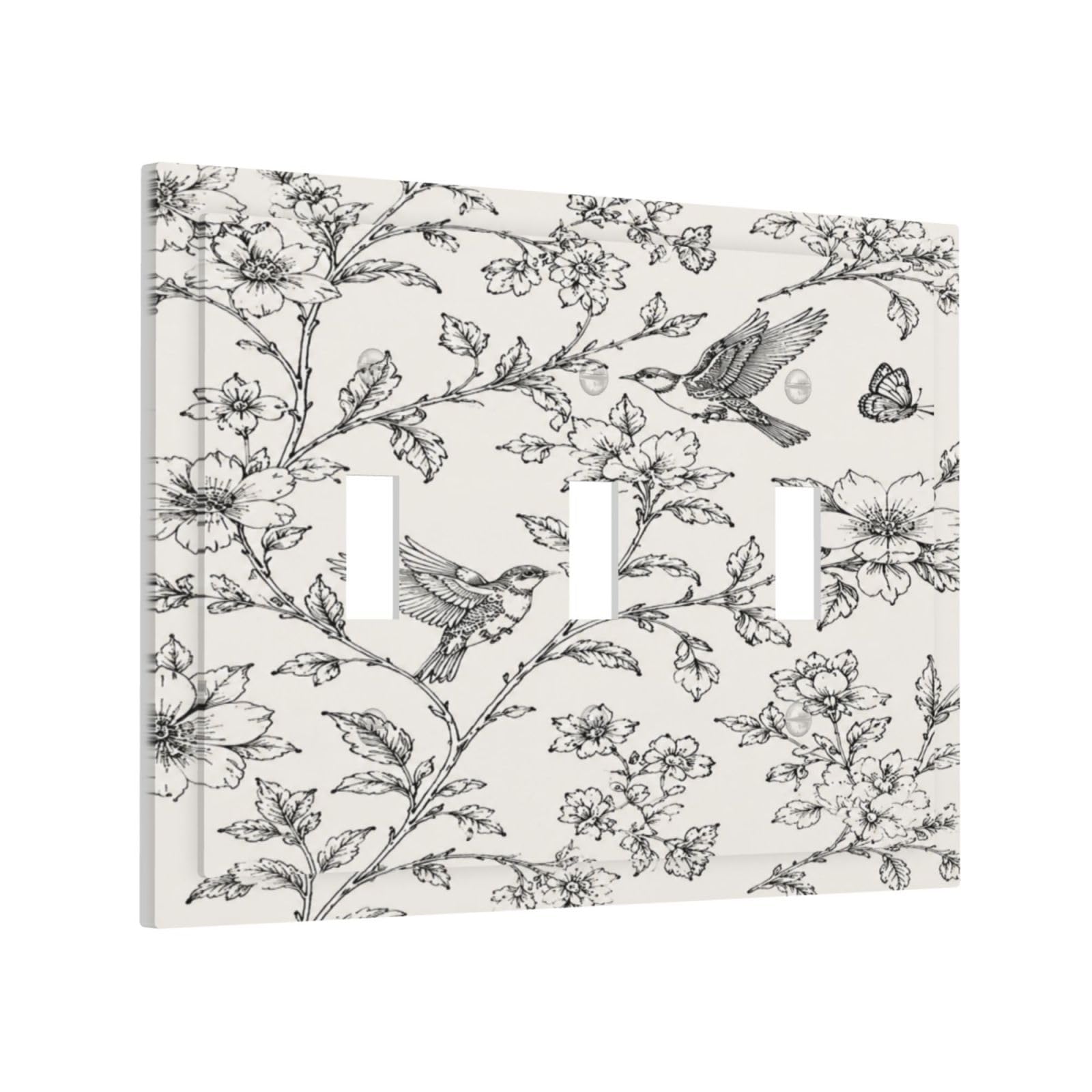 Yamxbfa Decorative Light Switch Cover Plate Vintage Botanical Black Sketch Flower Flying Bird 3 Gang Wall Plates Triple Toggle Electrical Switch Plate Covers Outlet Covers Faceplate for Home Decor