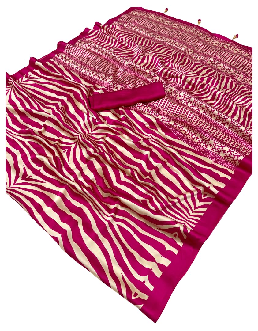 DC ELEMENTS Semi Modal Silk Saree with Tassels Designer Zebra Print Sari with Unstitched Blouse Piece Soft Lightweight Ethnic Festive & Party Wear (E)