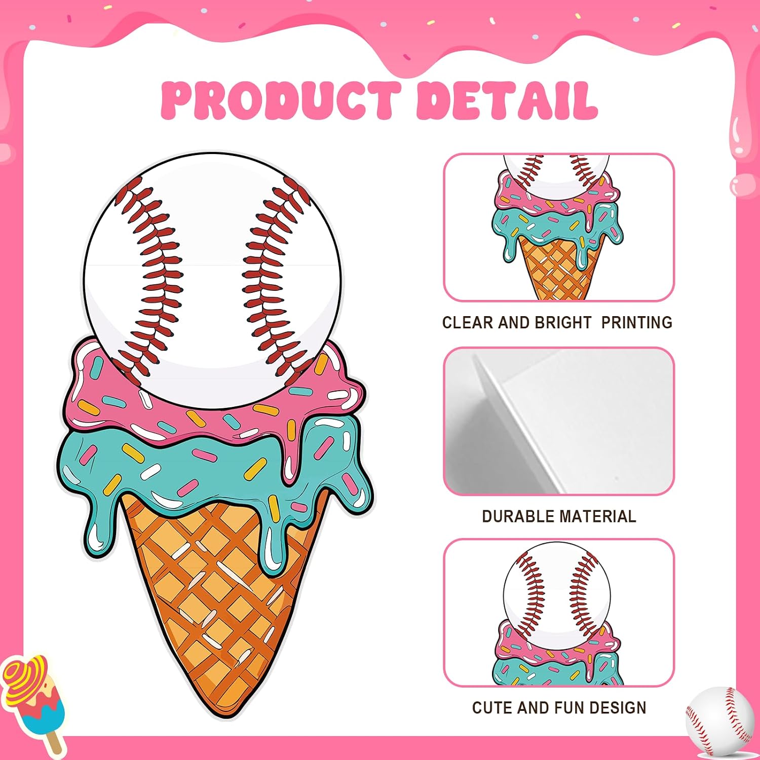 4.9 Ft Ice Cream Drip Baseball Party Decorations Ice Cream Baseball Cardboard Cutout for Sports Theme Birthday Party Decor Holiday Yard Signs Dessert Centerpieces Photo Booth Props Backdrop