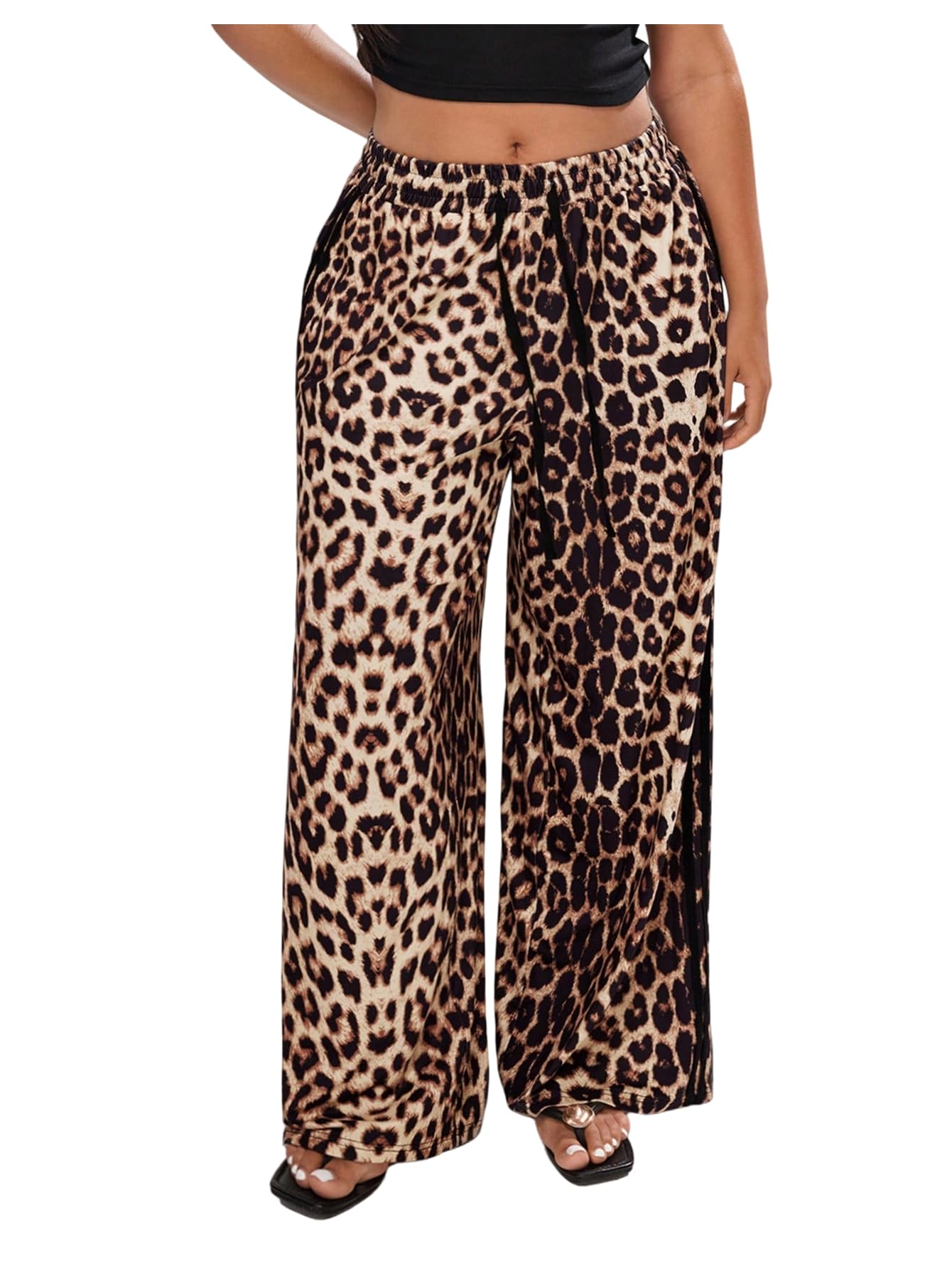 Floerns Womens Plus Size Y2K Leopard Print Side Striped Drawstring Waist Wide Leg Baggy Pants