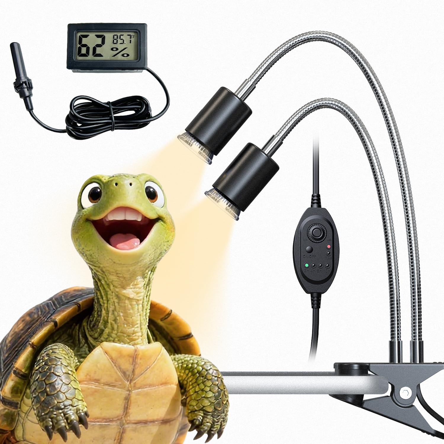 All-in-One Reptile Heat Lamp Bundle, Dual-Head UVB & UVA Lamp with Timer and Hygrothermograph, High UVA Lighting for Bearded Dragon, Lizard, Snake, Amphibians, Easy to Install