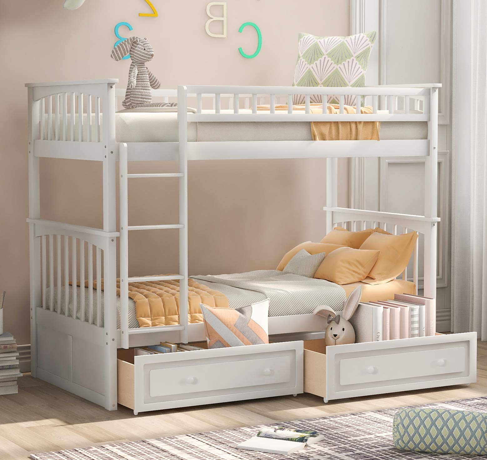 Harper & Bright Designs Bunk Beds Twin Over Twin, Twin Bunk Bed with Sotrage Drawers, Wooden Bunk Bed with Safety Rail Ladder,Can be Convertible to 2 Beds,White