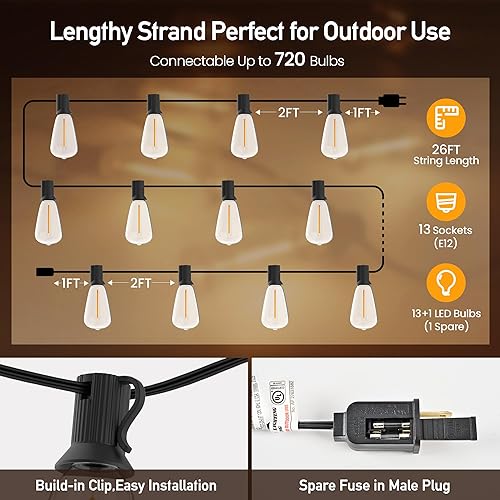 Miniatura 3 de Tira de luces para exteriores de 26 pies, 14 bombillas LED inastillables, con certificación UL, luces de patio al aire libre, impermeables, para