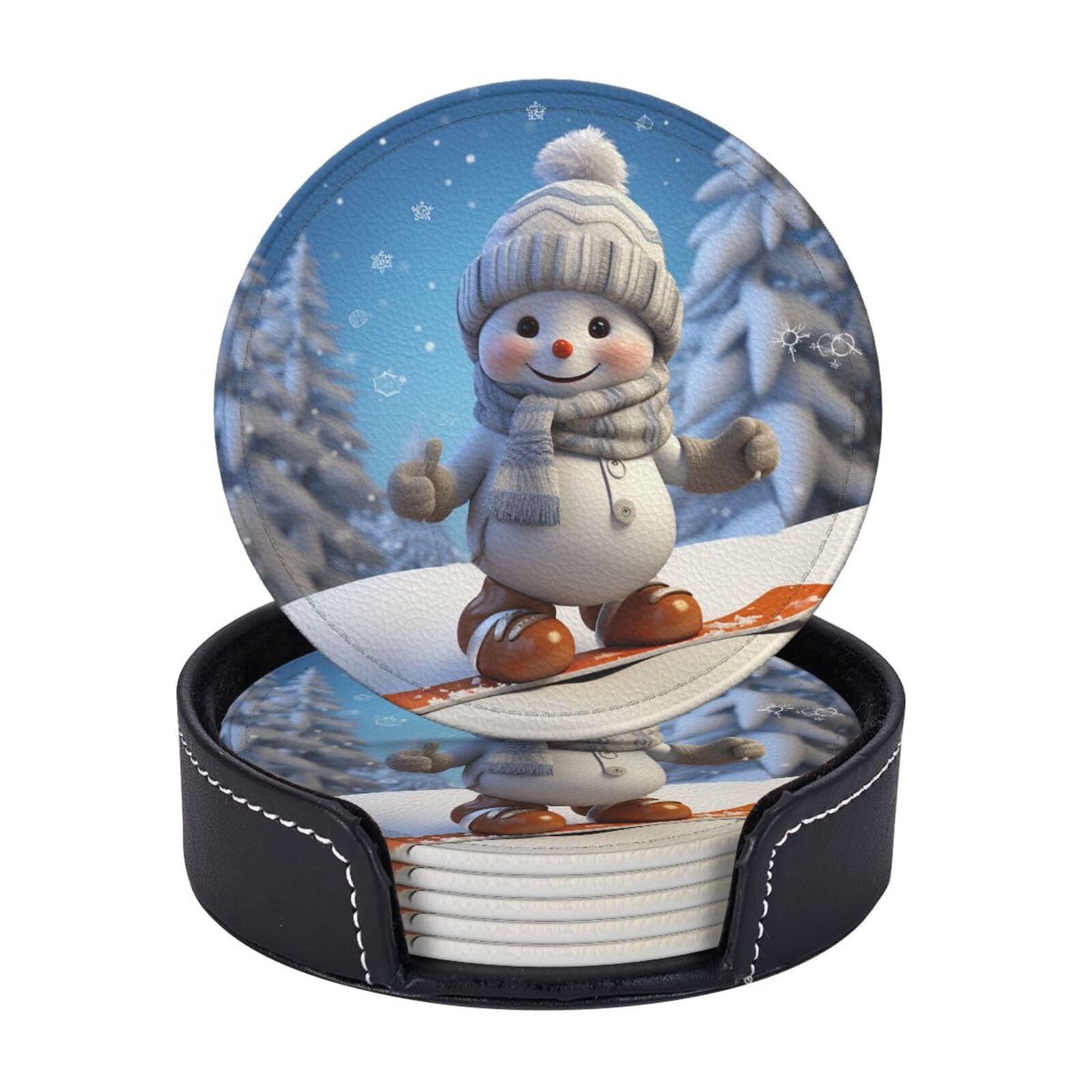 6Pcs PU Leather Coaster for Drinks, Cute Snowboard Snowman Cup Coasters with Holder, Aesthetic Drink Coasters for Coffee Table, Round Coaster for Tabletop Protection 4" Cup Mat Pad