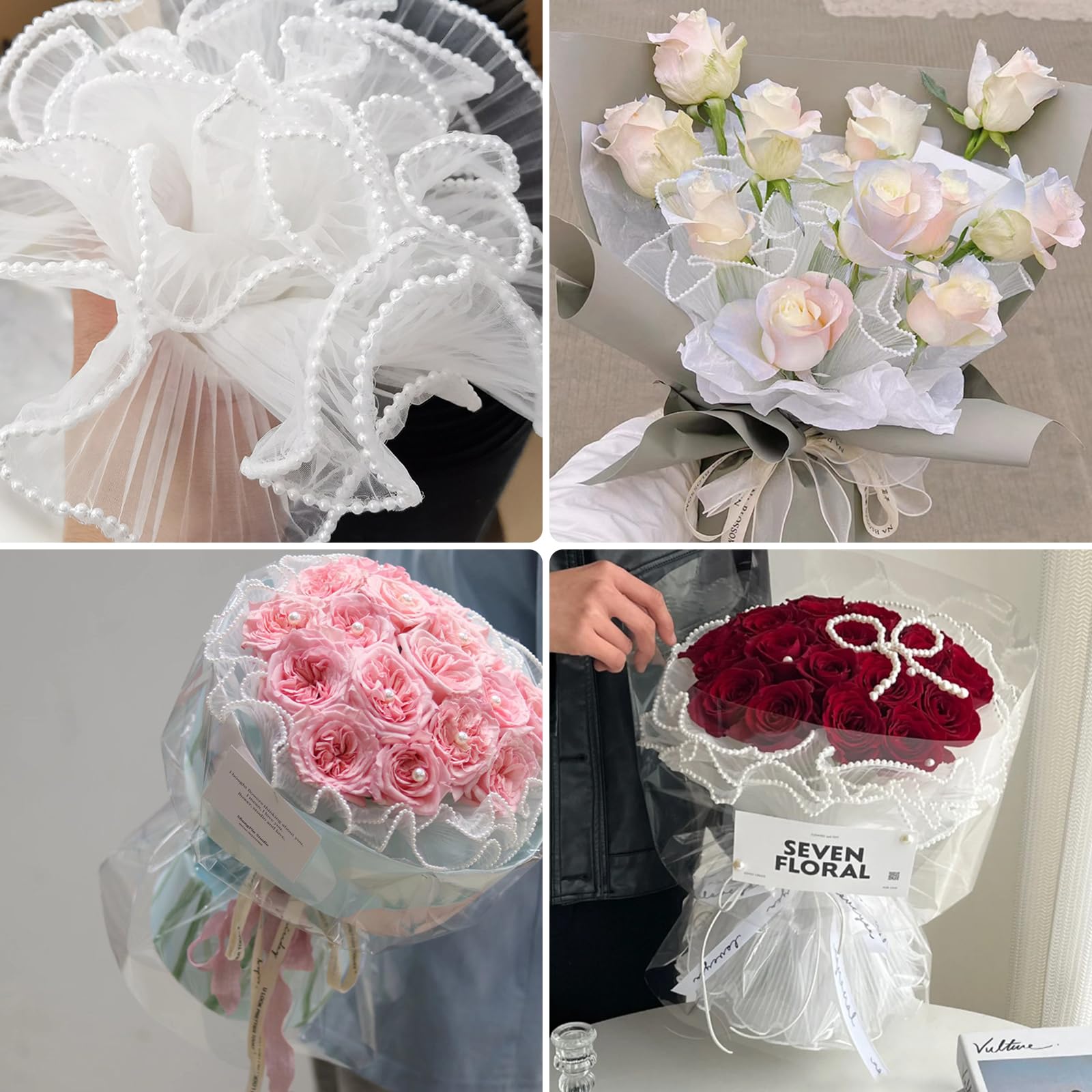 Chris.W 3Pcs Korean Flower Wrapping Paper Pearl Edge Bouquet Floral Wraps Packaging Paper Ruffle Yarn Floral Mesh Wrap Roll Flowers Gift Wrap Net for Wedding Christmas Birthday 12.6 Yd (White)