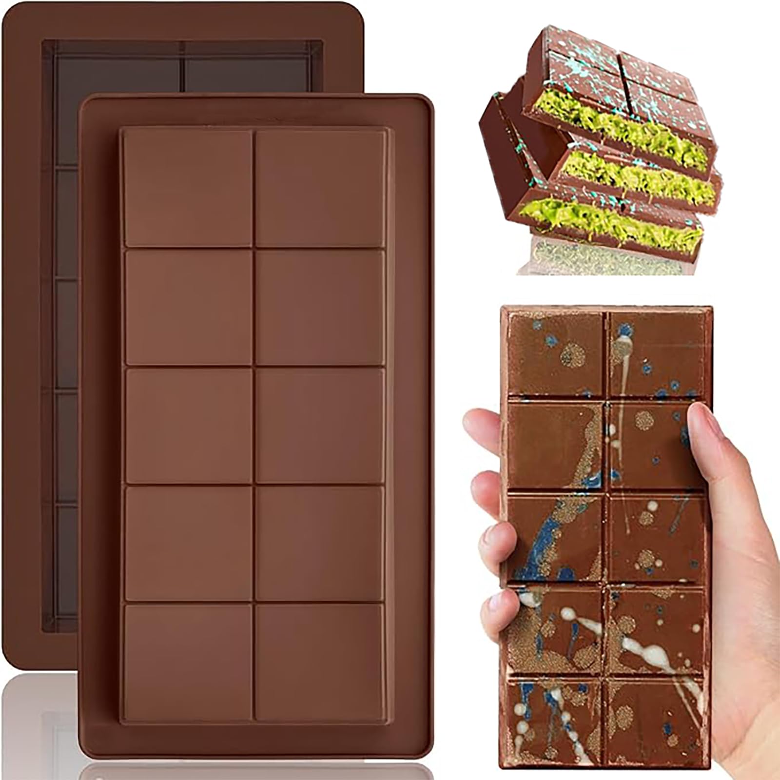 2 Pack Deep Chocolate Bar Silicone Molds Thick Chocolate Bar for Stuffed for Stuffed Pistachio Bar Big Chocolate Protein and Energy Candy Bar Mould Easy Release Moulds (Chocolate)