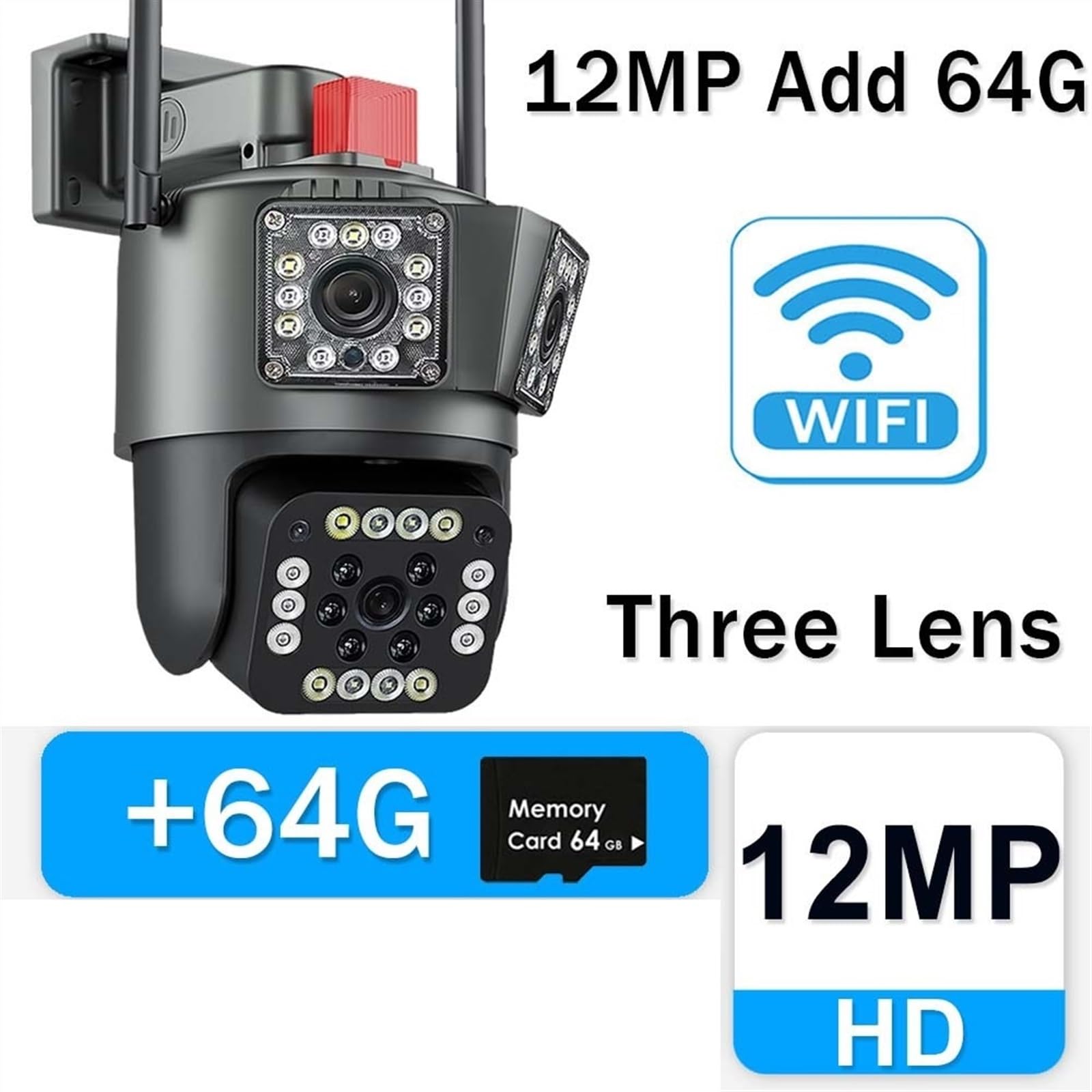 Telecamera di sicurezza, 6K 12MP Macchina Fotografica Esterna 8X Zoom Tre Lenti Telecamere di Sorveglianza Auto Tracking Protezione Sicurezza Smart Home, Casa Intelligente CCTV Cam(6K 12MP Add 64G)