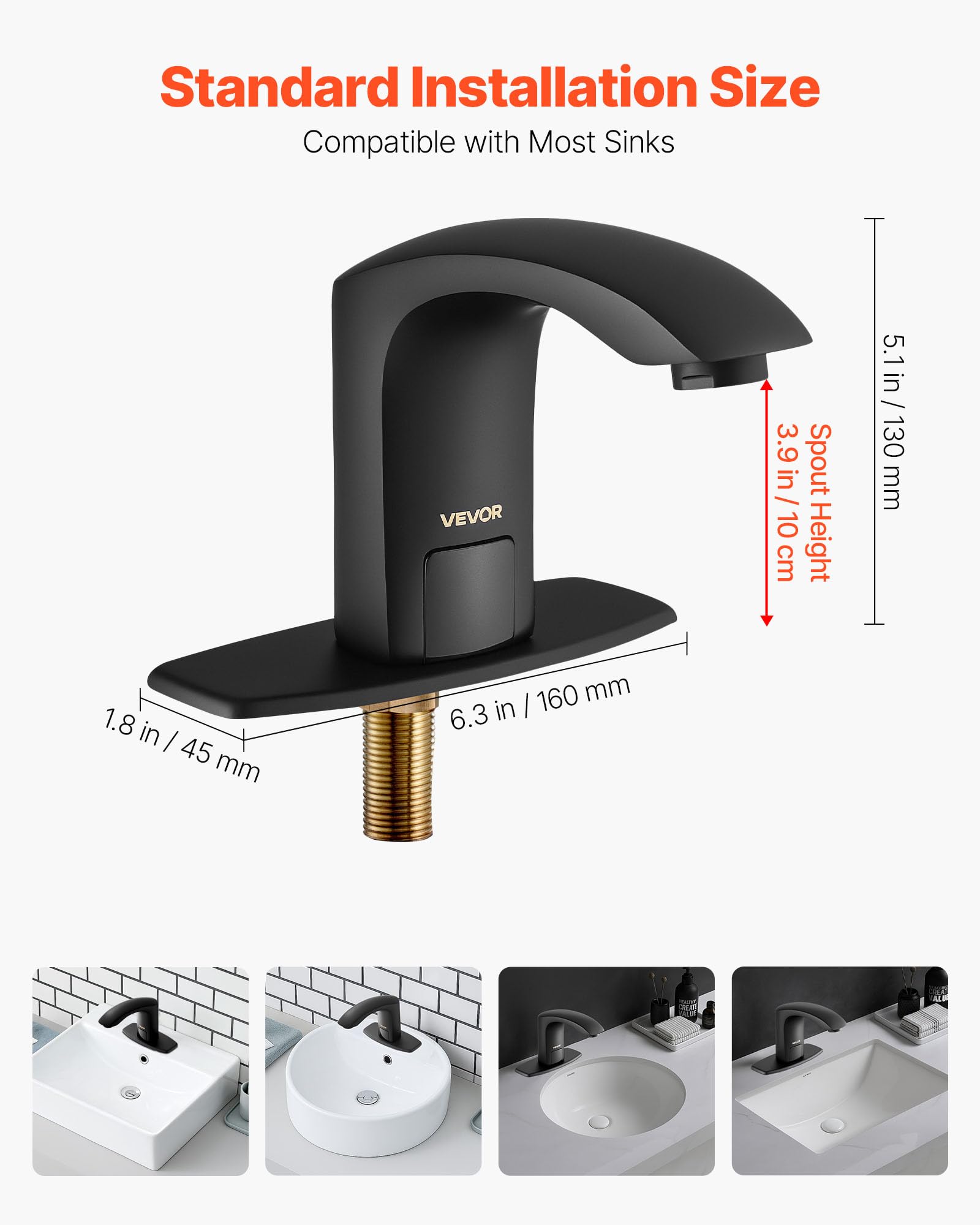 VEVOR Grifo de Lavabo sin Contacto, Grifo Automático para Baño, Alta Resistencia al Agua, con Sensor Manos Libres y Ajustable, Agua Fría/Caliente, a Pilas, Negro Mate, 160 x 45 x 130 mm, 7,6 L/min