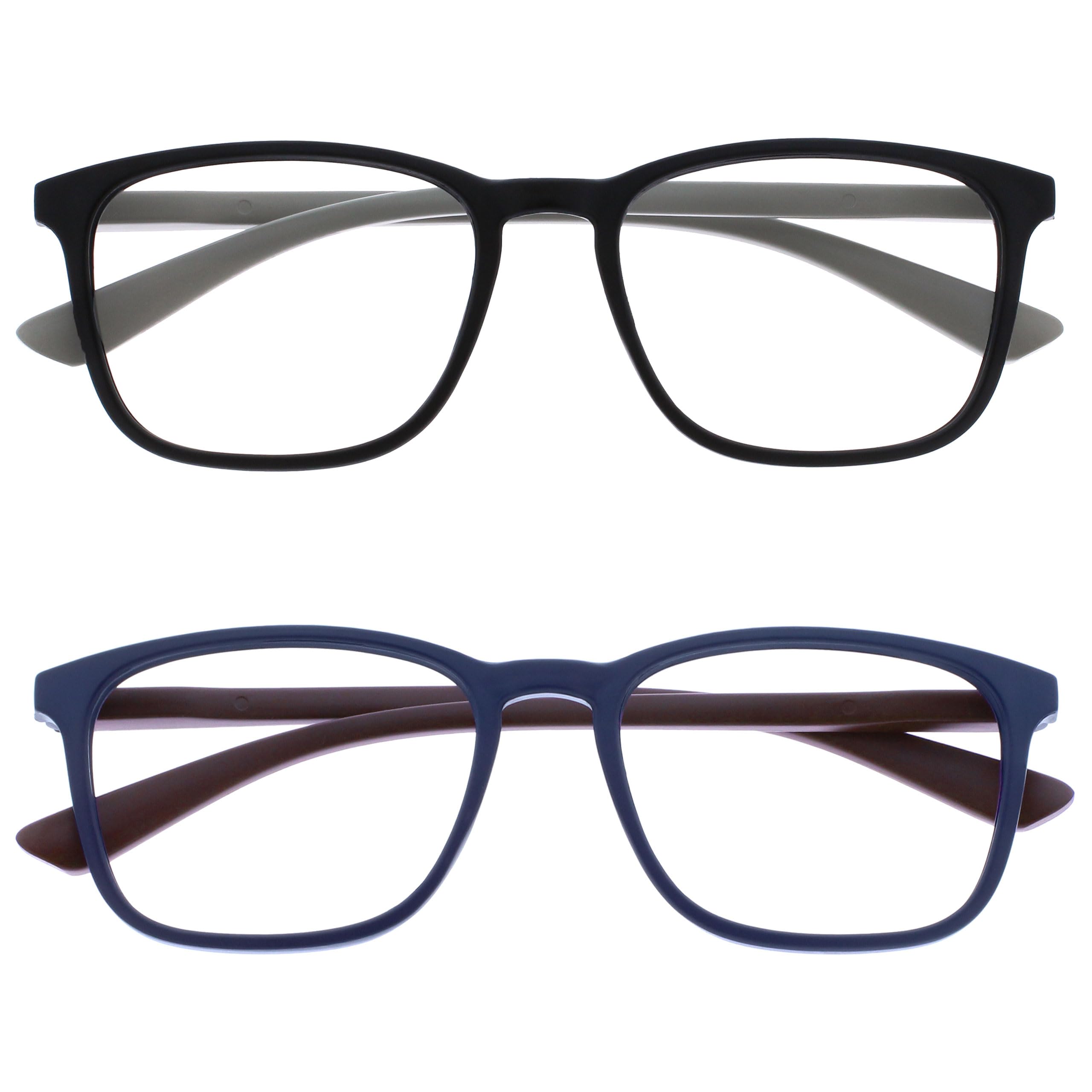 OPULIZE Max Reading Glasses 2 pack, Classic Large Rectangular Frame, Matt Black Blue, Men's Women's Unisex, Spring Hinges