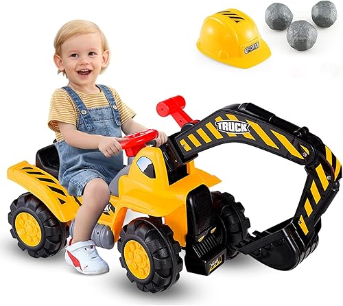 HONEY JOY Ride on Push Car, Toddler Bulldozer Digger Toy wSafety Helmet, Rock, Horn, Moving ForwardBackward, Outdoor Digging Scooper wWorking