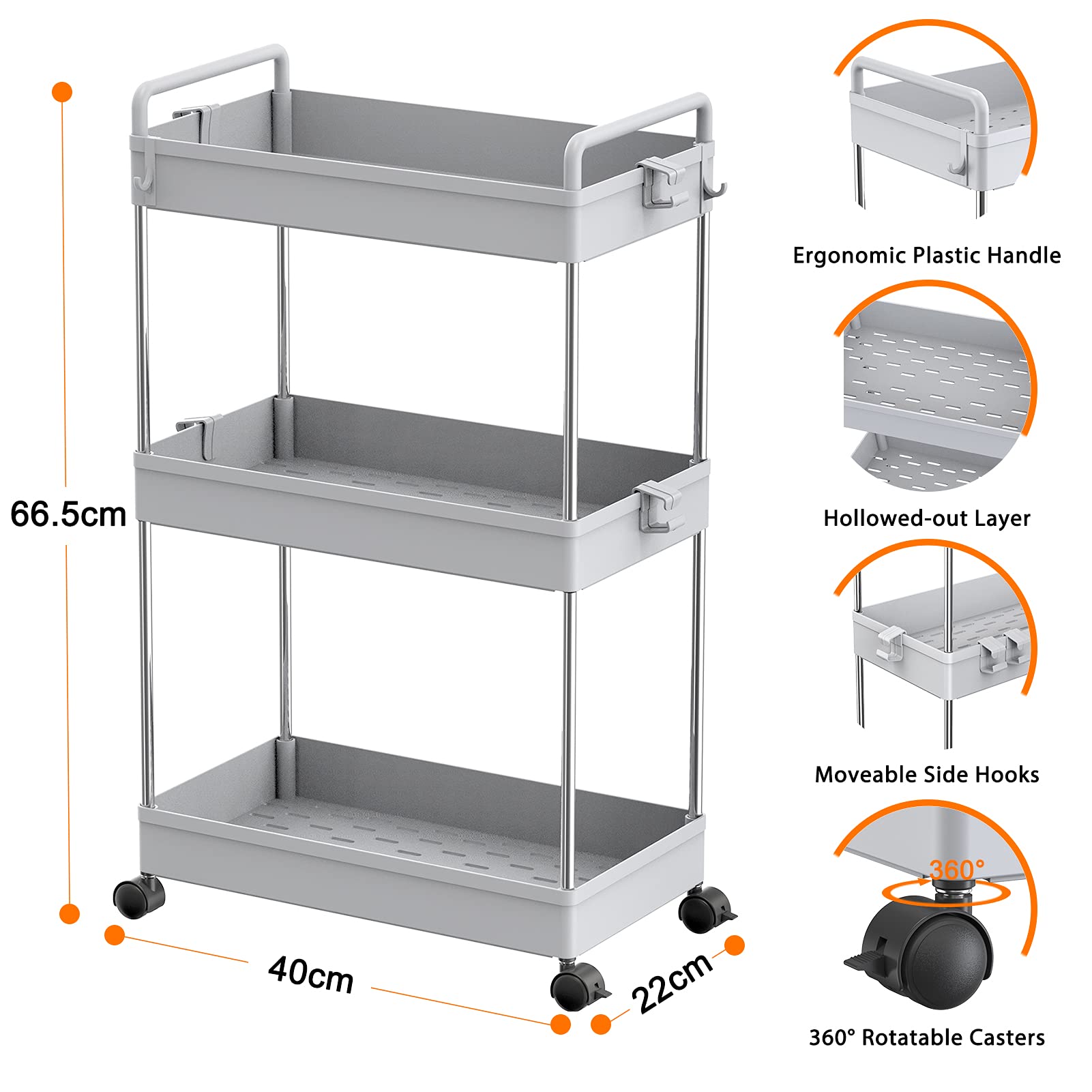 Buy Ronlap 3 Tier Grey Storage Trolley, Slide Out Storage Tower with