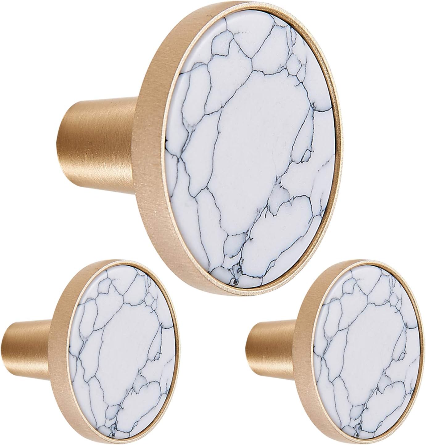 TECI Brushed Brass and Marble Knobs for Cabinets, Cupboard Dresser, Drawers for Kitchen, Wardrobe,Bathroom or Office - Pack of 3 -TF008