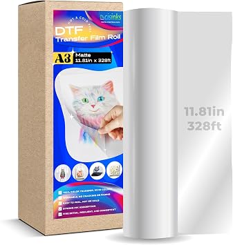 Cisinks DTF Transfer Film Roll 11.8" x 328ft A3 DTF Film Roll Hot/Cold Peel Matte Clear PET Heat Sublimation Transfer Paper for DIY Direct Print on All Fabric and Colors T-Shirts Textile