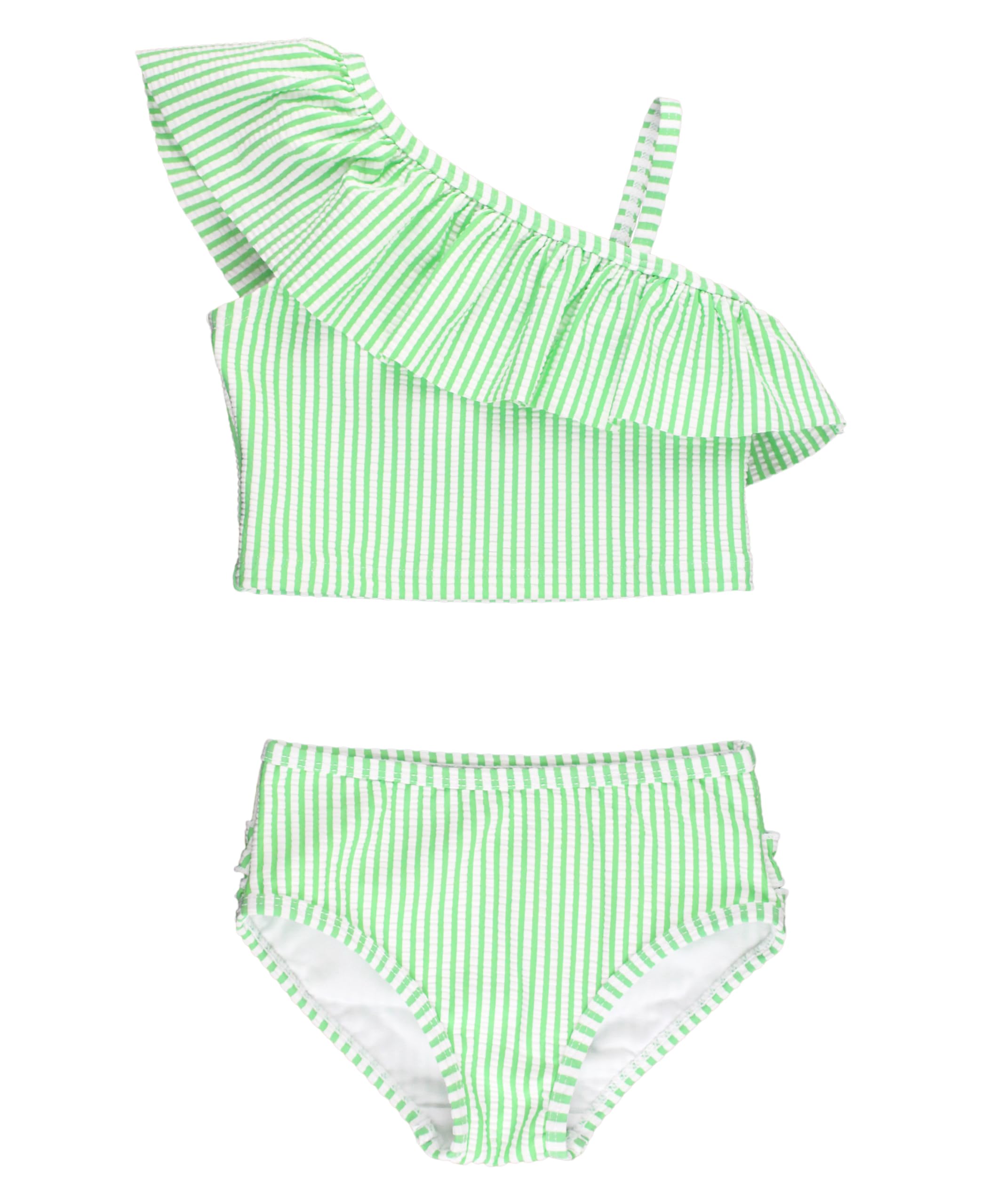 RuffleButts Girls UPF50+ Sun Protection One Shoulder Ruffle Tankini Two Piece Swimsuit | 80% Nylon 20% Spandex, Polyester Lining, Floral Botanical Print, Non-Adjustable Straps, Comfort Fit, Toddler Swimwear