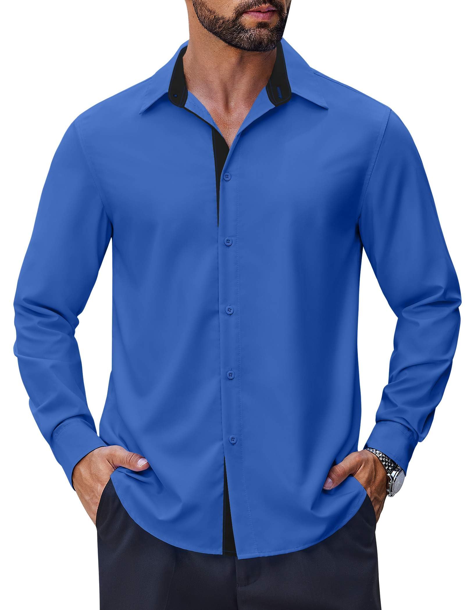 COOFANDY Men's Long Sleeve Wrinkle Free Dress Shirts 2024 Inner Contrast Business Casual Button Down Shirt, Royal Blue, Large